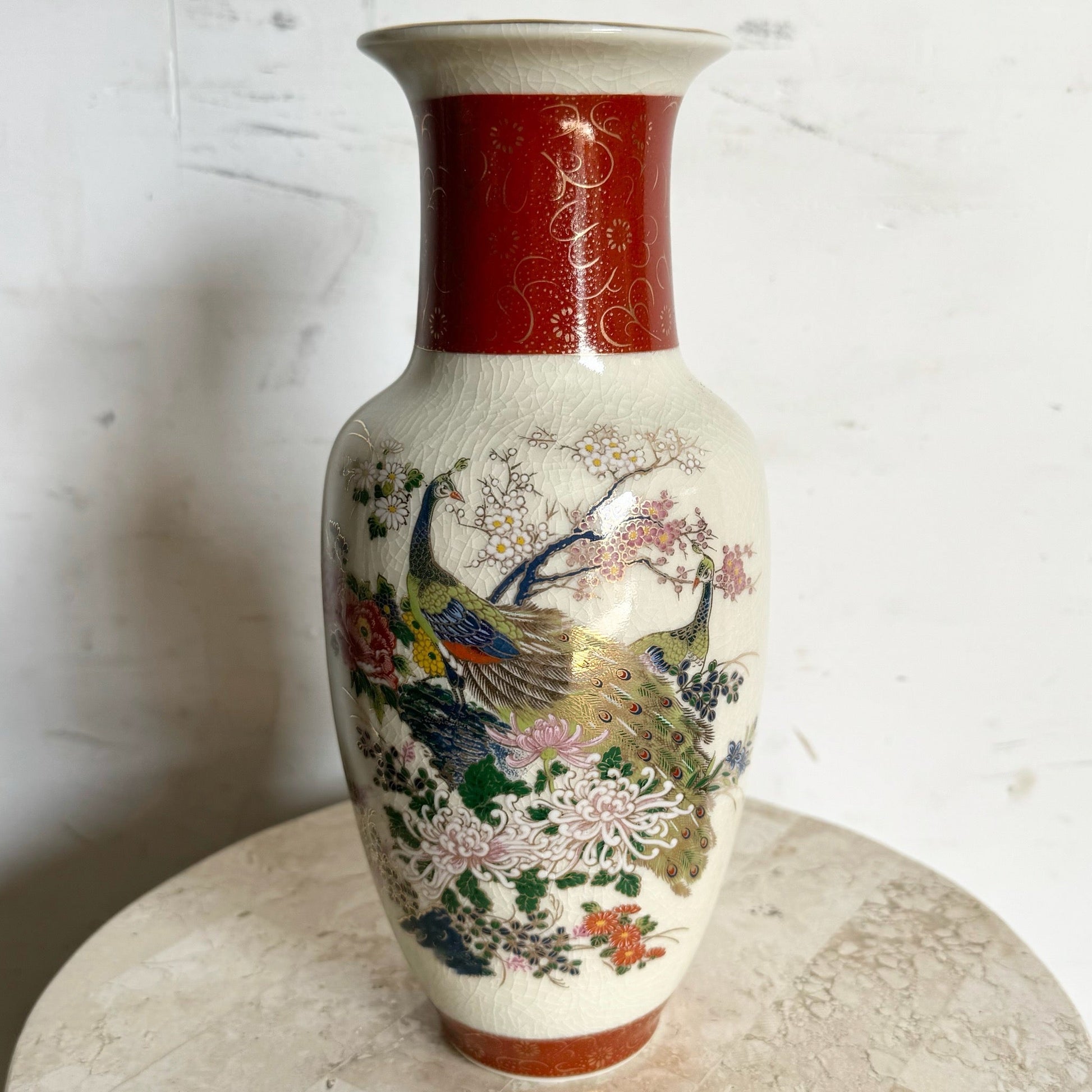 Vintage Japanese Satsuma Porcelain Vase - Dolphin & Flamingo