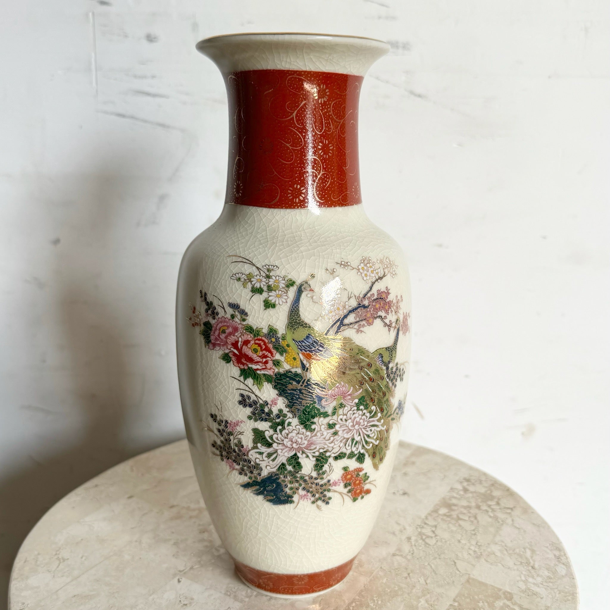 Vintage Japanese Satsuma Porcelain Vase - Dolphin & Flamingo