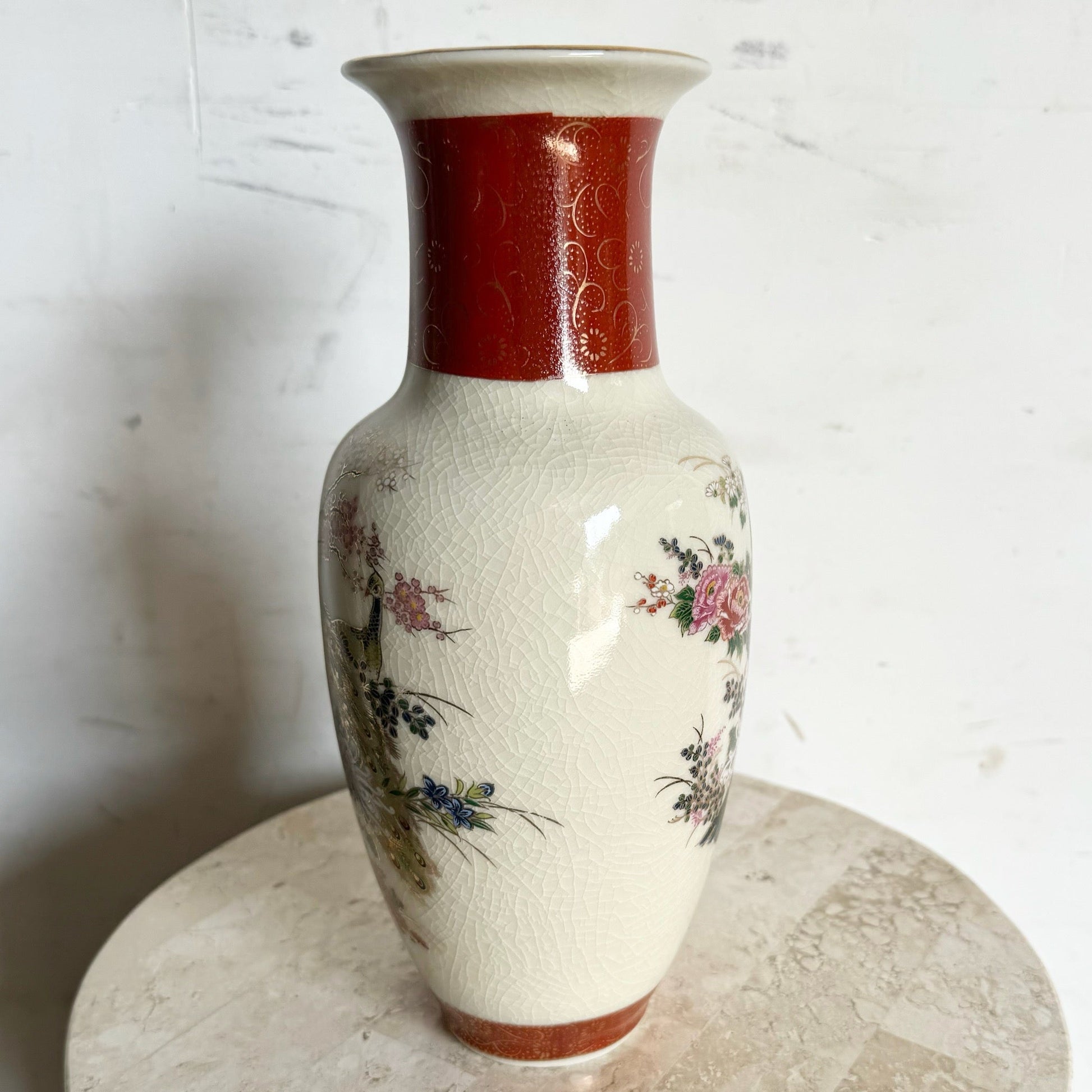Vintage Japanese Satsuma Porcelain Vase - Dolphin & Flamingo