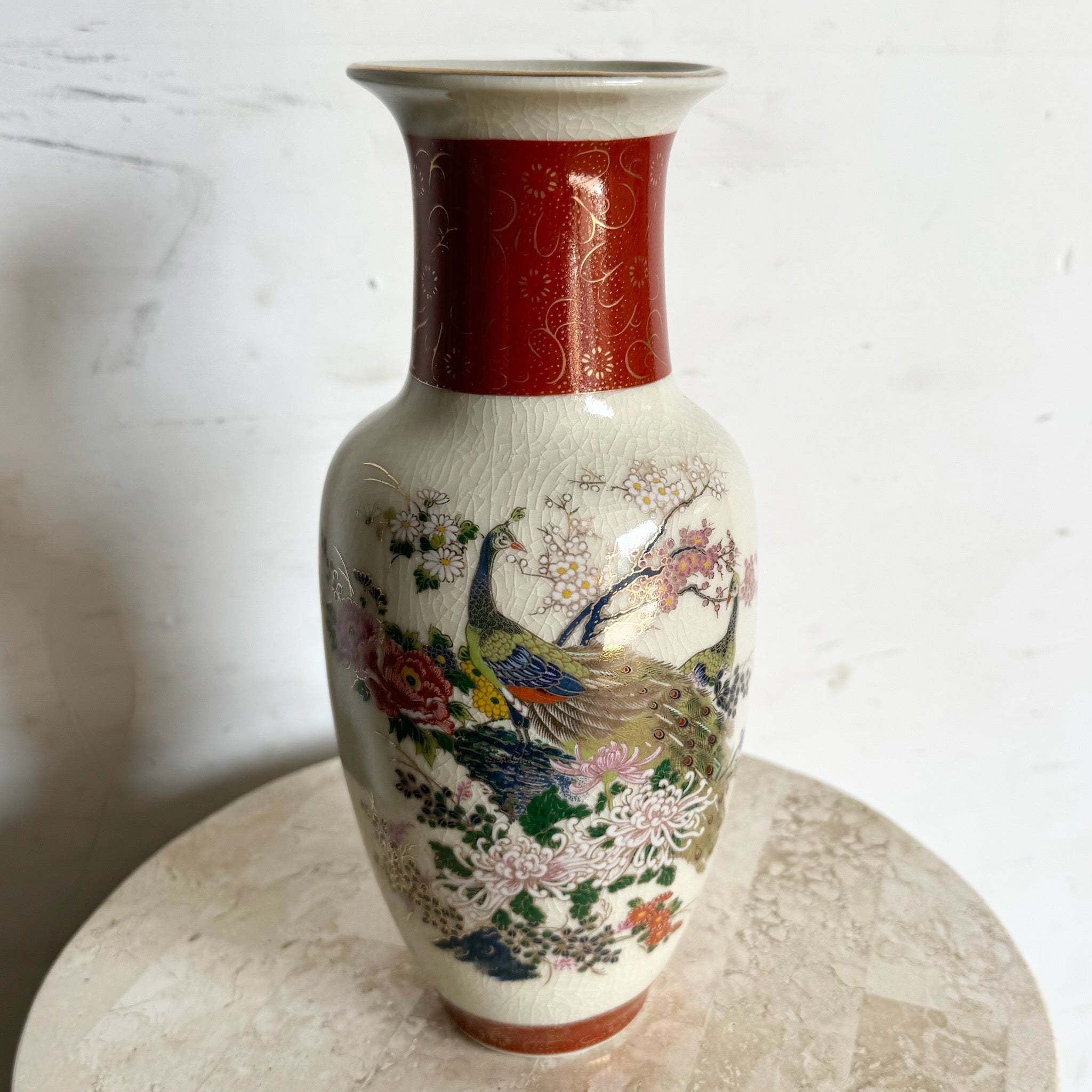 Vintage Japanese Satsuma Porcelain Vase - Dolphin & Flamingo