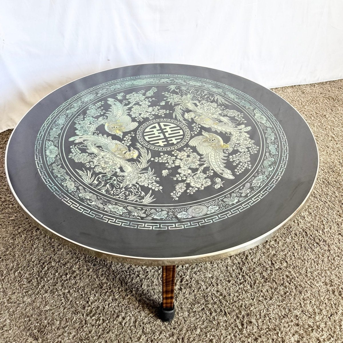 Vintage Korean Mother of Pearl Inlay Foldable Coffee Table - Dolphin & Flamingo