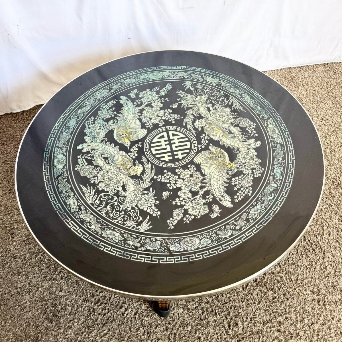 Vintage Korean Mother of Pearl Inlay Foldable Coffee Table - Dolphin & Flamingo