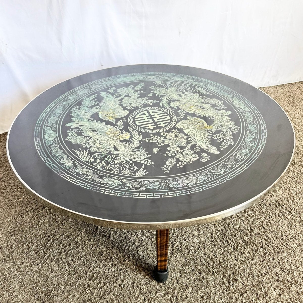 Vintage Korean Mother of Pearl Inlay Foldable Coffee Table - Dolphin & Flamingo