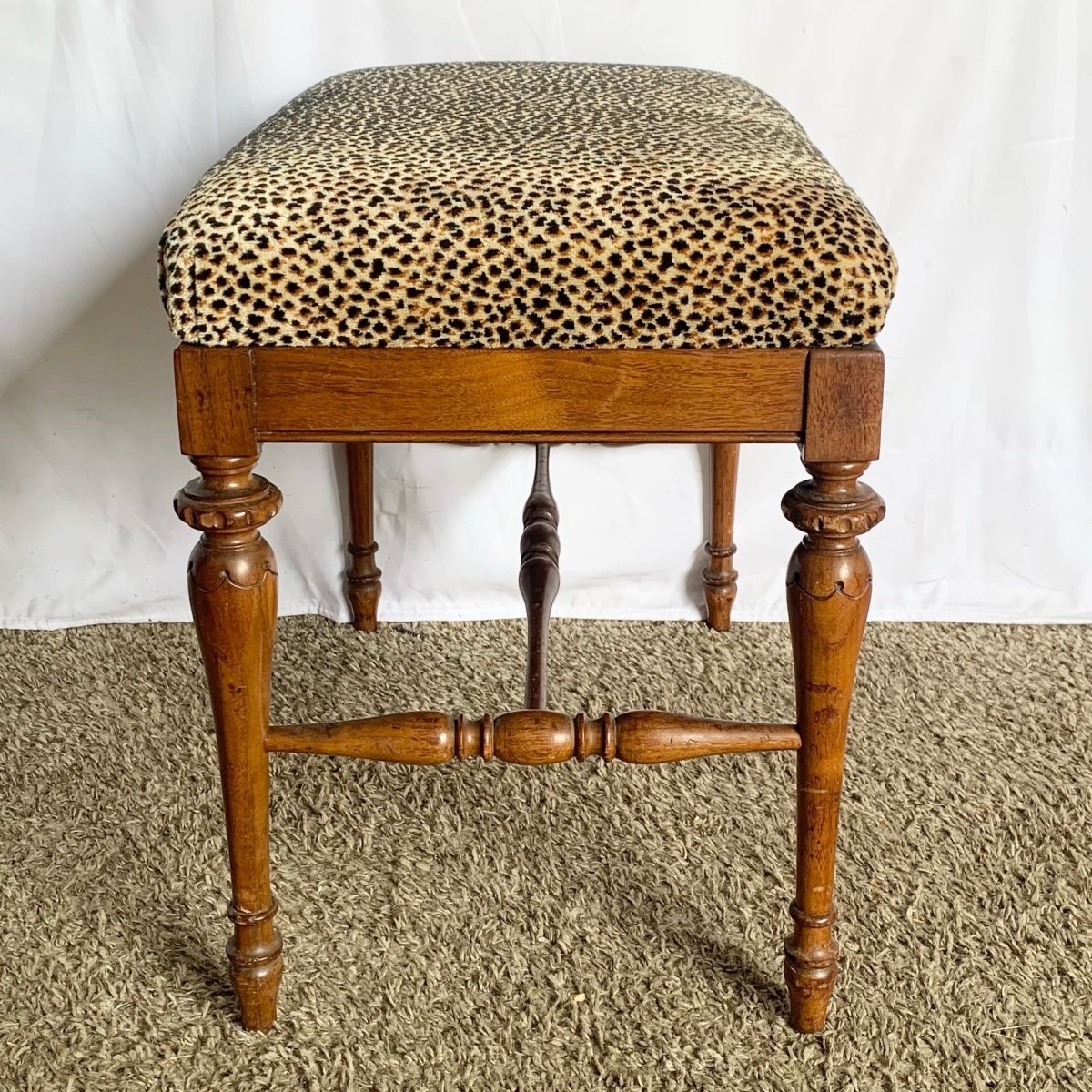Vintage Leopard Fabric Wooden Low Bench - Dolphin & Flamingo