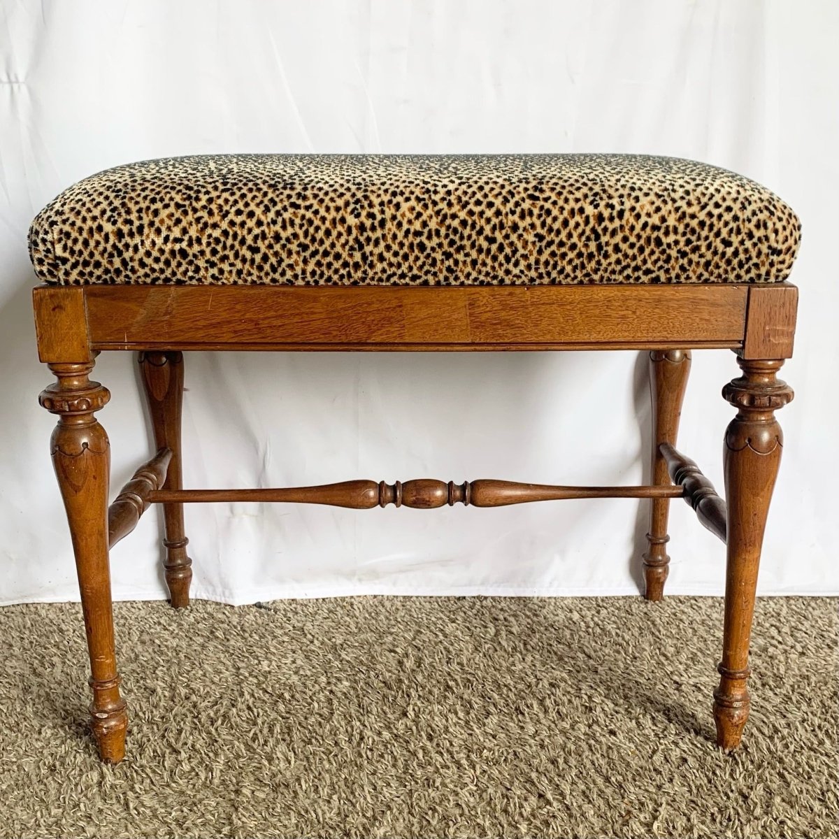 Vintage Leopard Fabric Wooden Low Bench - Dolphin & Flamingo
