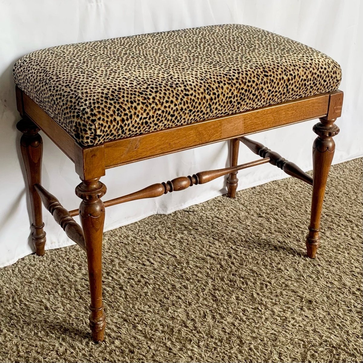 Vintage Leopard Fabric Wooden Low Bench - Dolphin & Flamingo