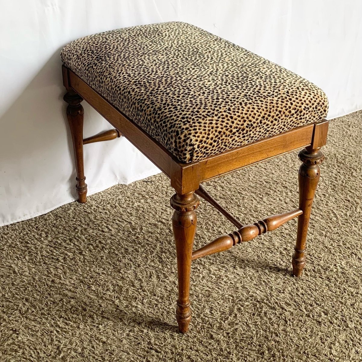 Vintage Leopard Fabric Wooden Low Bench - Dolphin & Flamingo
