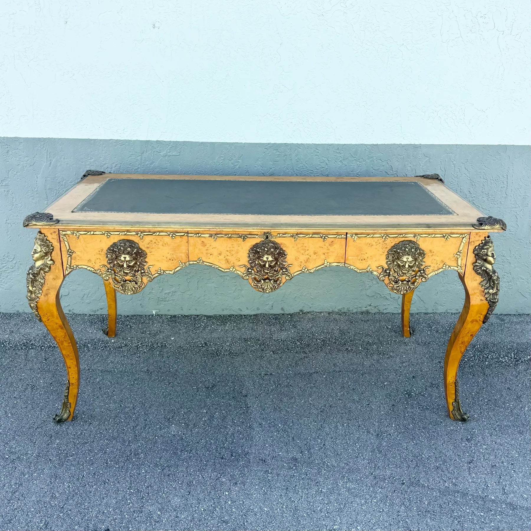 Vintage Louis the Xv Style Leather Top Burlwood and Brass Writing Desk Dolphin & Flamingo