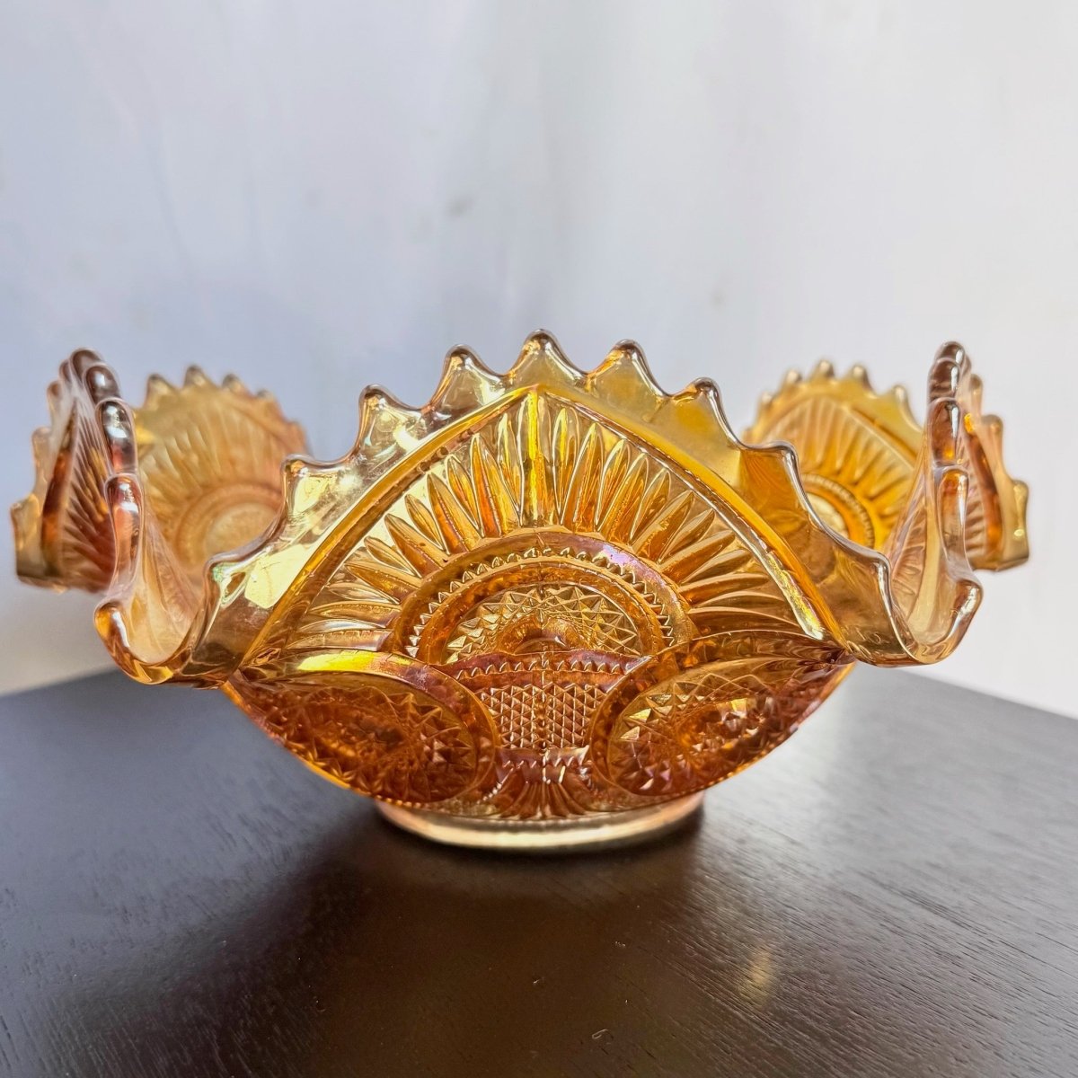 Vintage Marigold Carnival Glass Bowl - Dolphin & Flamingo