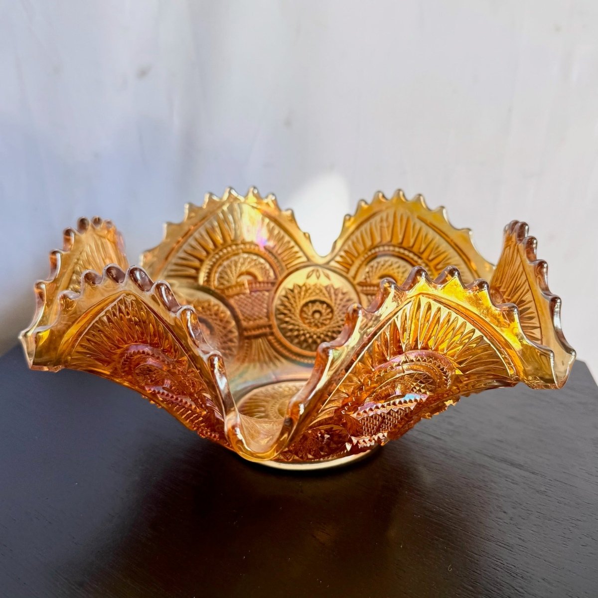 Vintage Marigold Carnival Glass Bowl - Dolphin & Flamingo