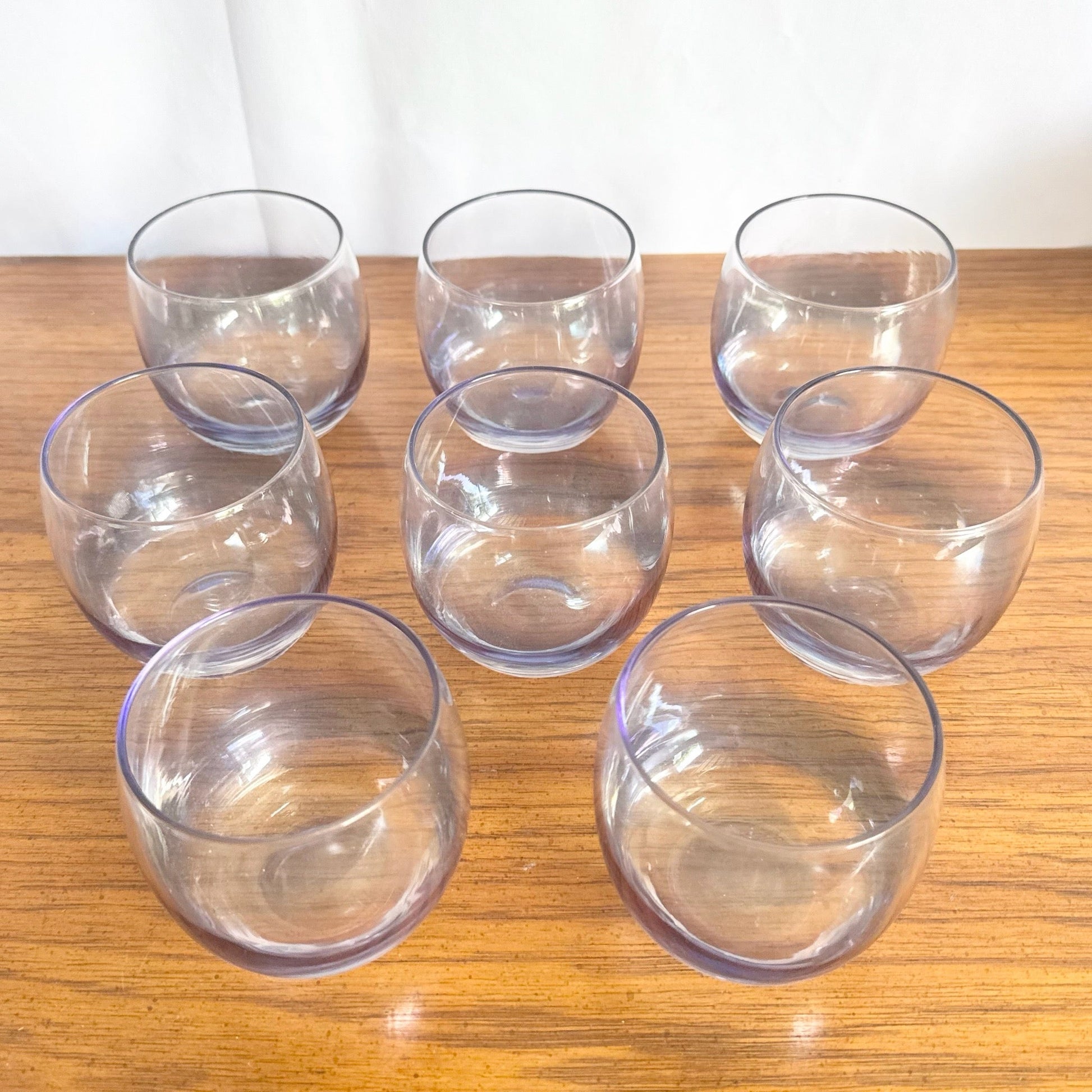 Vintage MCM Federal Glass Colored Roly Poly Cocktail Glasses - Set of 8 - Dolphin & Flamingo