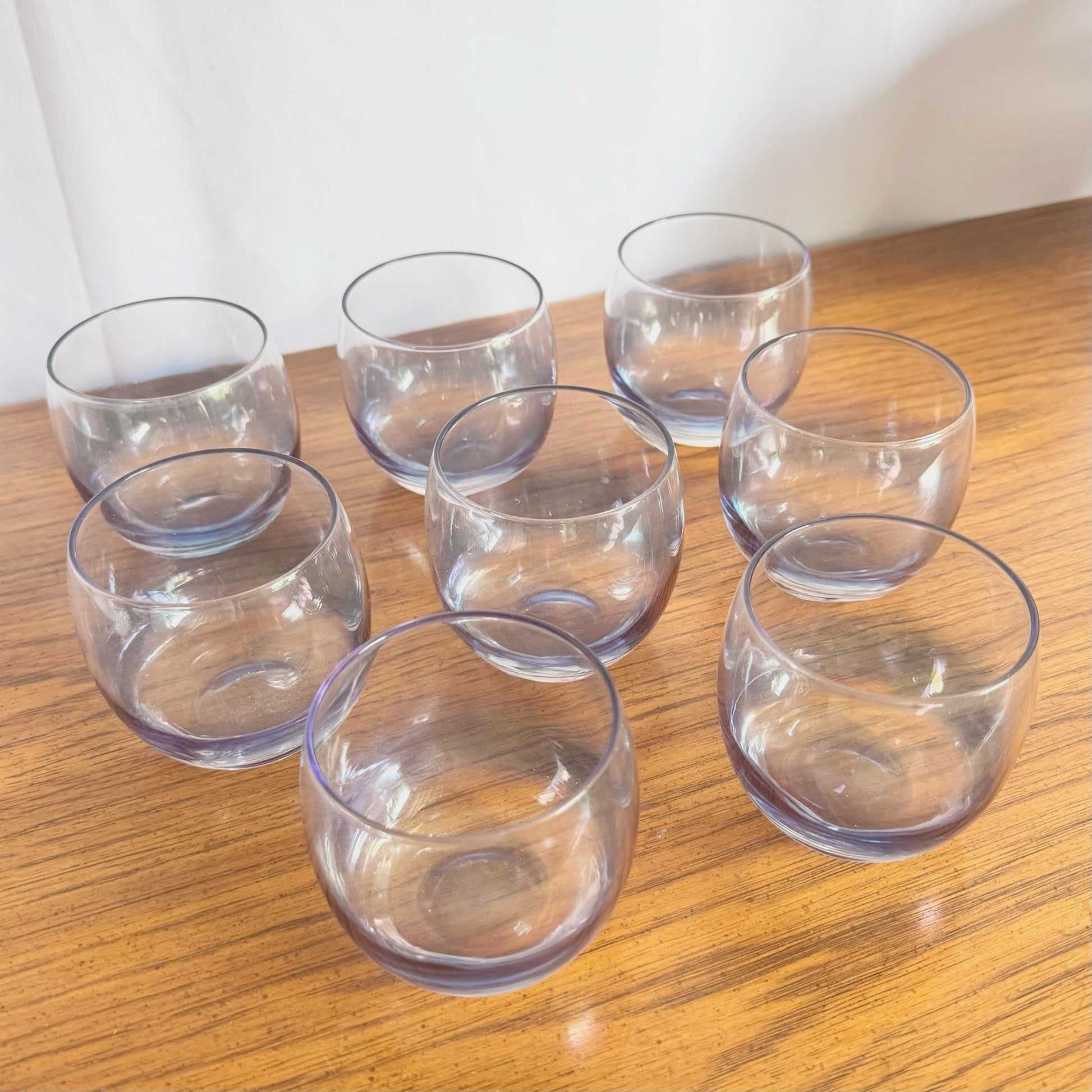 Vintage MCM Federal Glass Colored Roly Poly Cocktail Glasses - Set of 8 - Dolphin & Flamingo