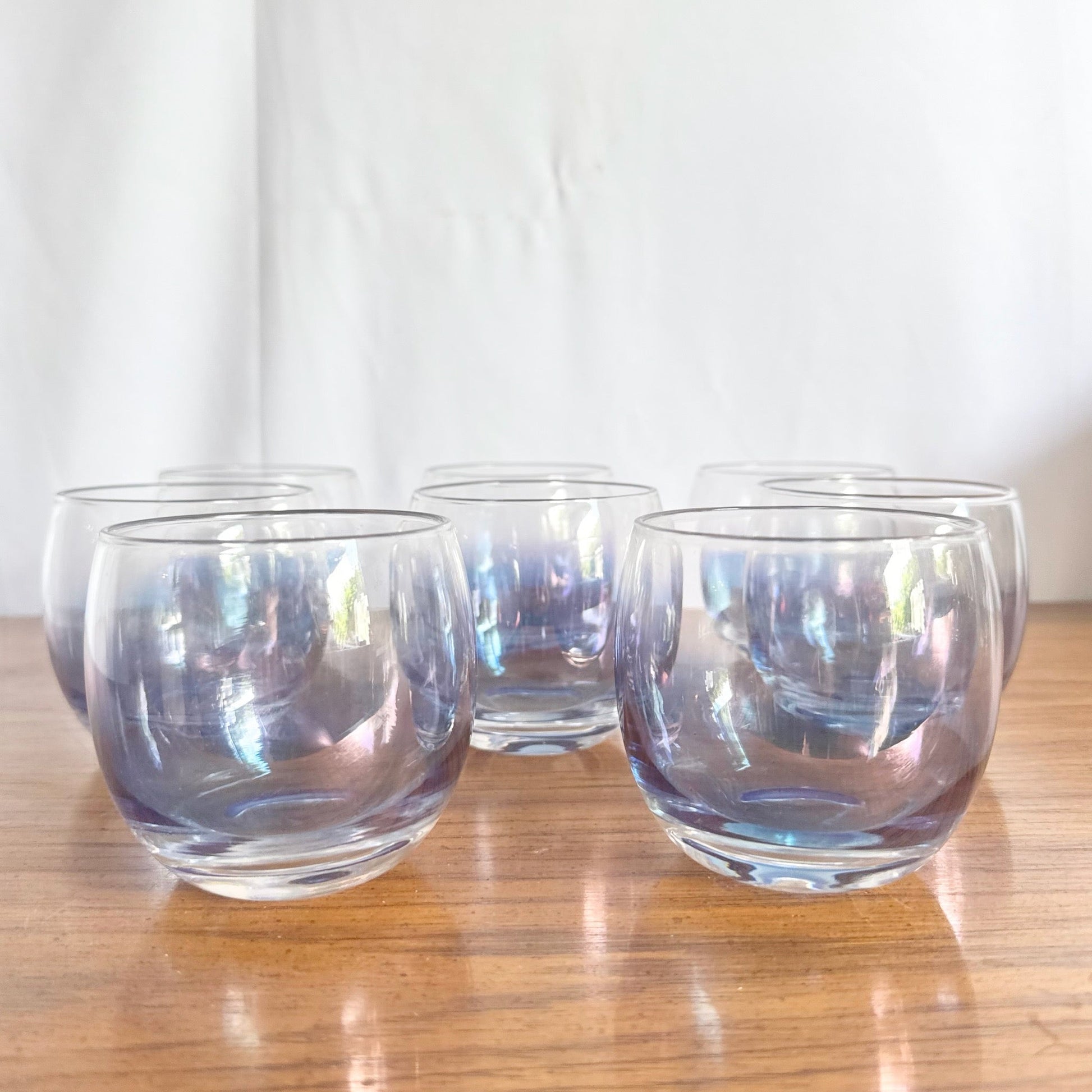 Vintage MCM Federal Glass Colored Roly Poly Cocktail Glasses - Set of 8 - Dolphin & Flamingo