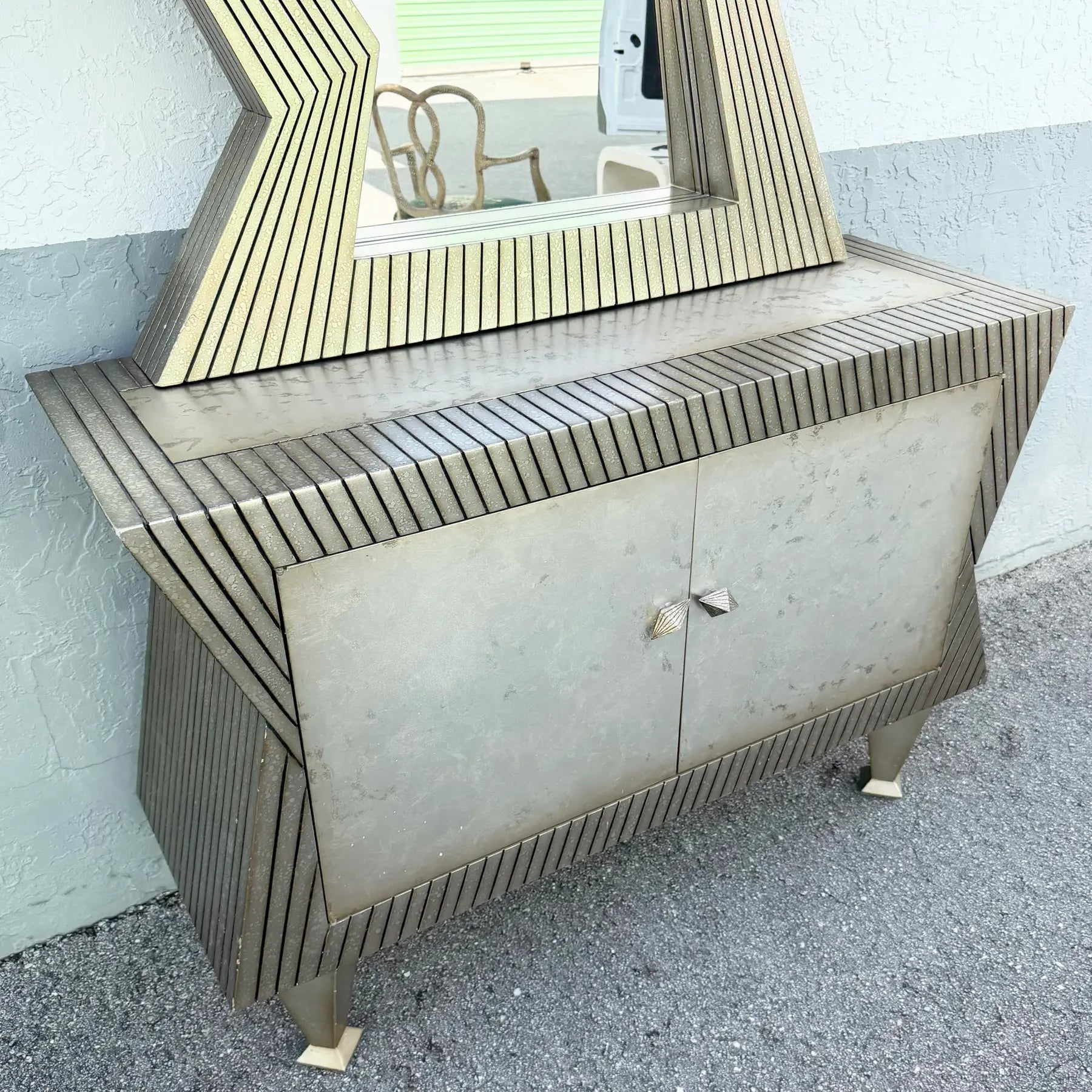 Vintage Memphis Style Sculpted Credenza With Mirror - 2 Pieces Dolphin & Flamingo