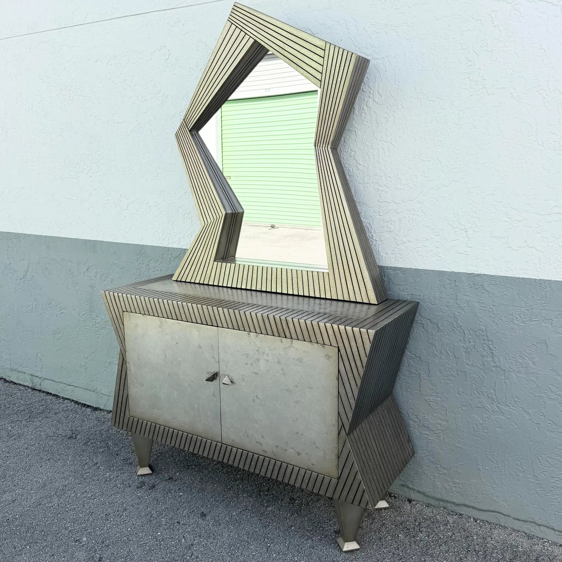 Vintage Memphis Style Sculpted Credenza With Mirror - 2 Pieces Dolphin & Flamingo