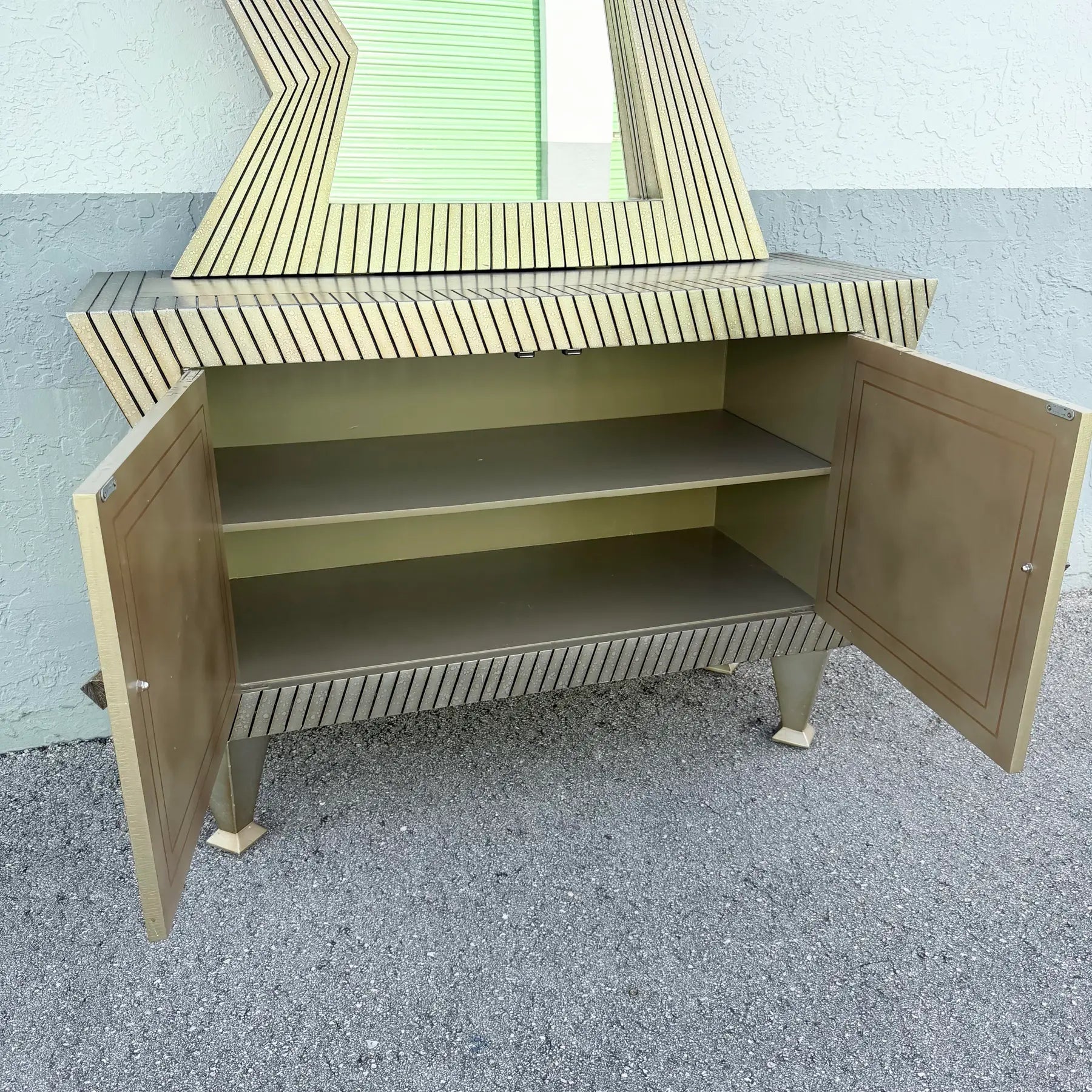 Vintage Memphis Style Sculpted Credenza With Mirror - 2 Pieces Dolphin & Flamingo