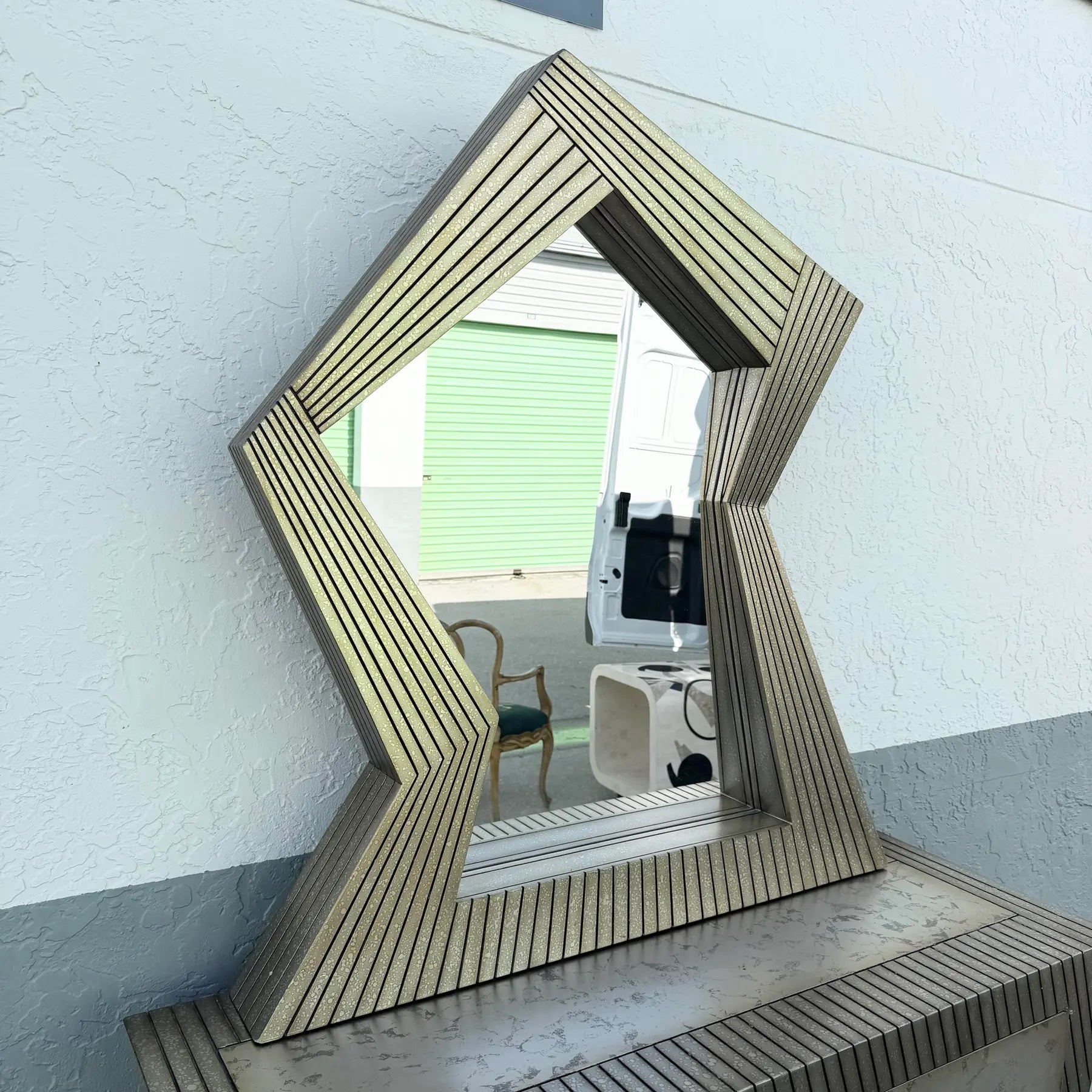 Vintage Memphis Style Sculpted Credenza With Mirror - 2 Pieces Dolphin & Flamingo