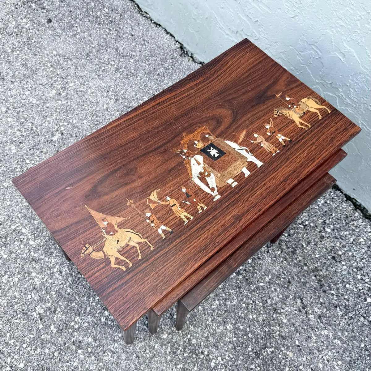 Vintage Mid Century Anglo Indian Bone and Wood Inlaid Rosewood Nesting Tables - Set of 3