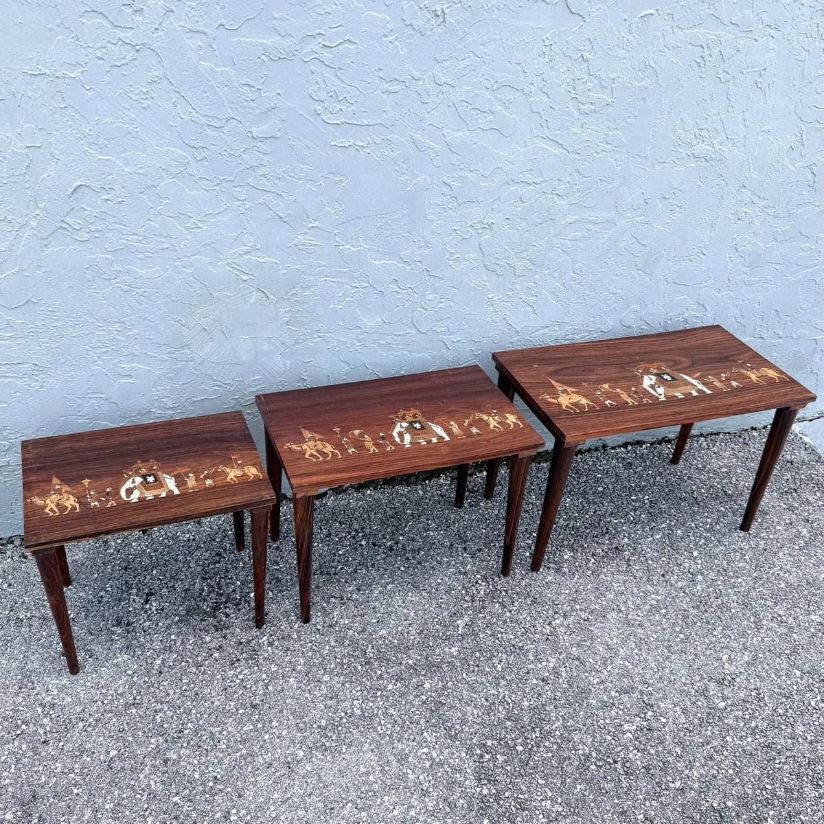 Vintage Mid Century Anglo Indian Bone and Wood Inlaid Rosewood Nesting Tables - Set of 3