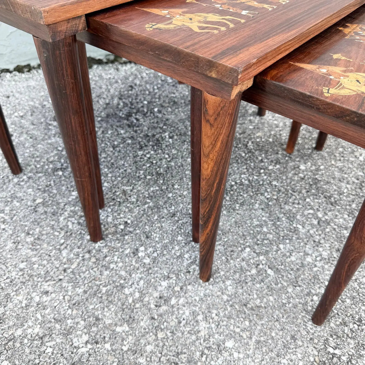 Vintage Mid Century Anglo Indian Bone and Wood Inlaid Rosewood Nesting Tables - Set of 3