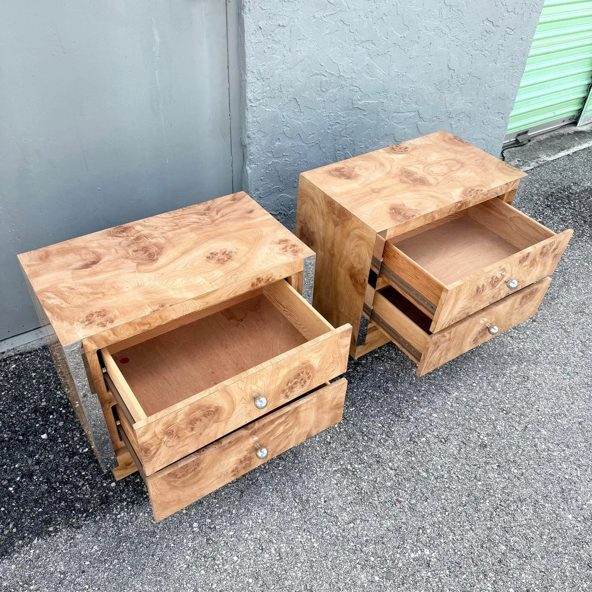Vintage Mid Century Modern Burlwood Laminate and Chrome Nightstands - A Pair Dolphin & Flamingo