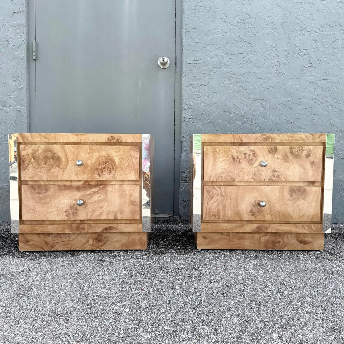Vintage Mid Century Modern Burlwood Laminate and Chrome Nightstands - A Pair Dolphin & Flamingo