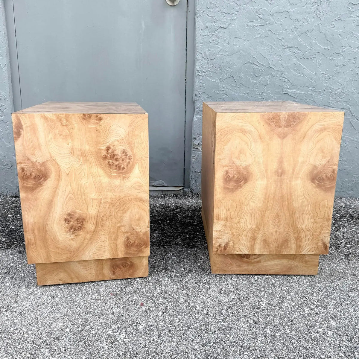 Vintage Mid Century Modern Burlwood Laminate and Chrome Nightstands - A Pair Dolphin & Flamingo