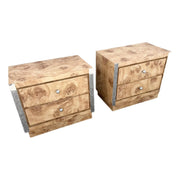 Vintage Mid Century Modern Burlwood Laminate and Chrome Nightstands - A Pair Dolphin & Flamingo