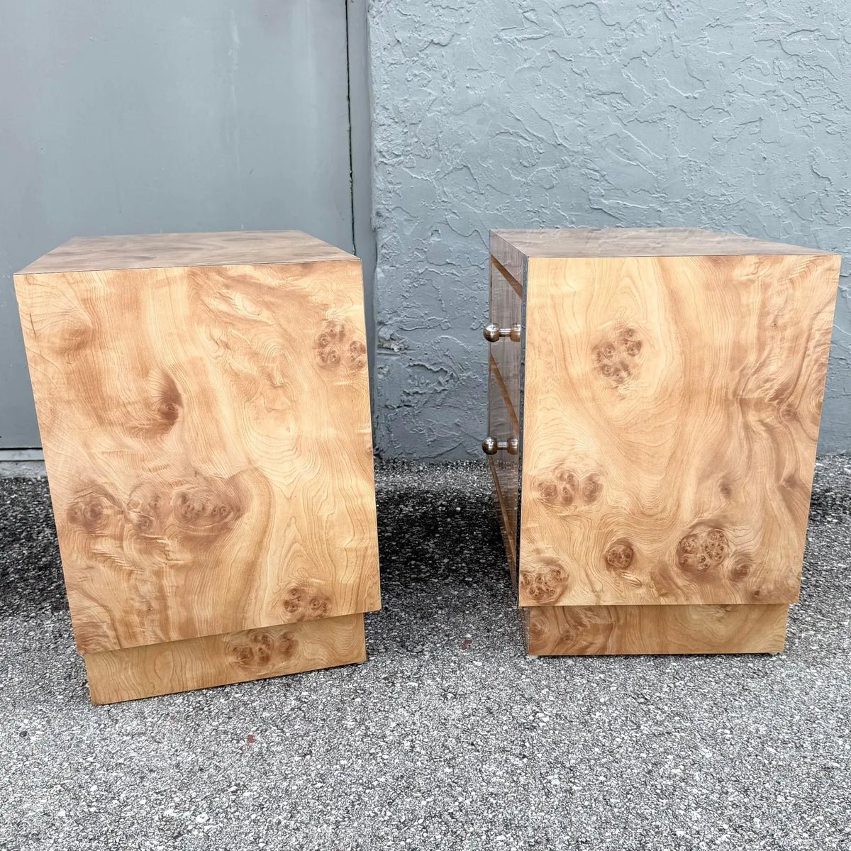 Vintage Mid Century Modern Burlwood Laminate and Chrome Nightstands - A Pair Dolphin & Flamingo