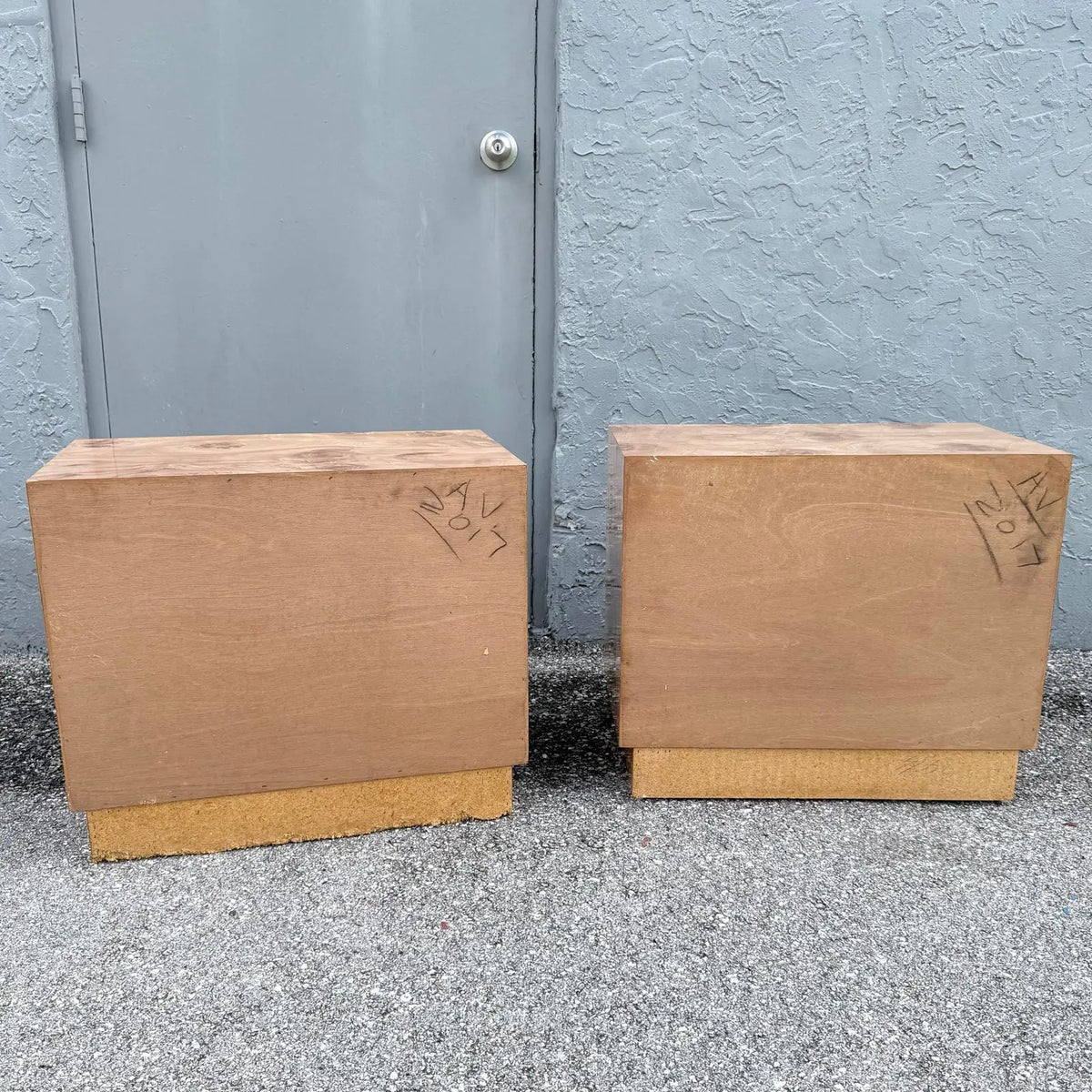 Vintage Mid Century Modern Burlwood Laminate and Chrome Nightstands - A Pair Dolphin & Flamingo