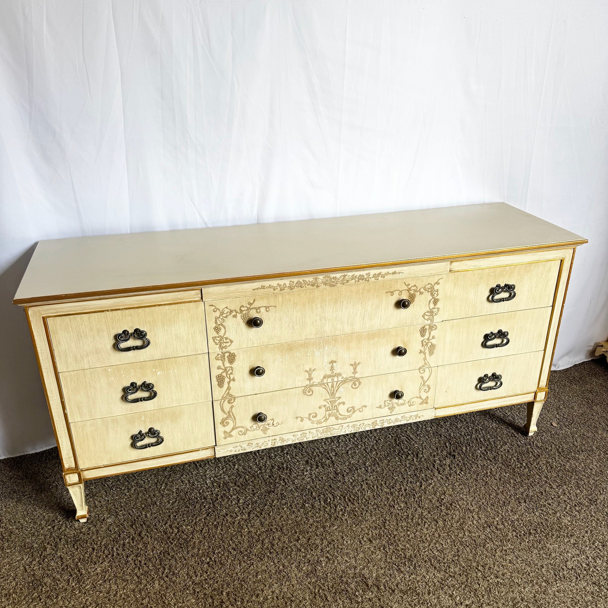 Vintage Mid Century Off White and Gold Dresser by John Widdicomb - Dolphin & Flamingo