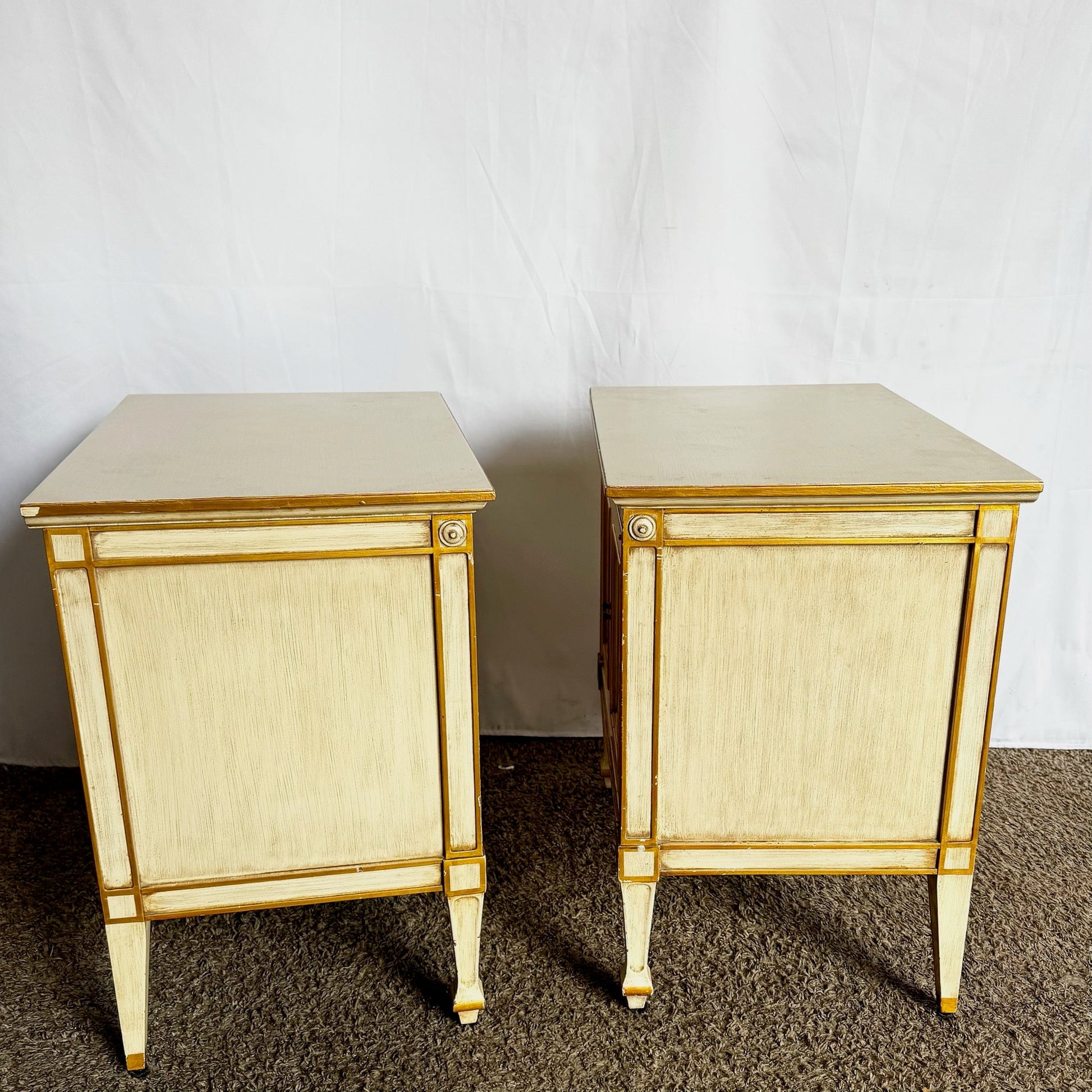 Vintage Mid Century Off White and Gold Nighstands by John Widdicomb - A Pair - Dolphin & Flamingo