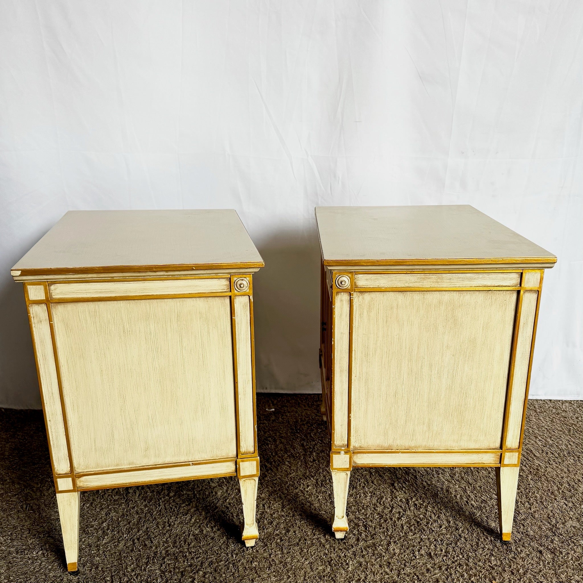Vintage Mid Century Off White and Gold Nighstands by John Widdicomb - A Pair - Dolphin & Flamingo