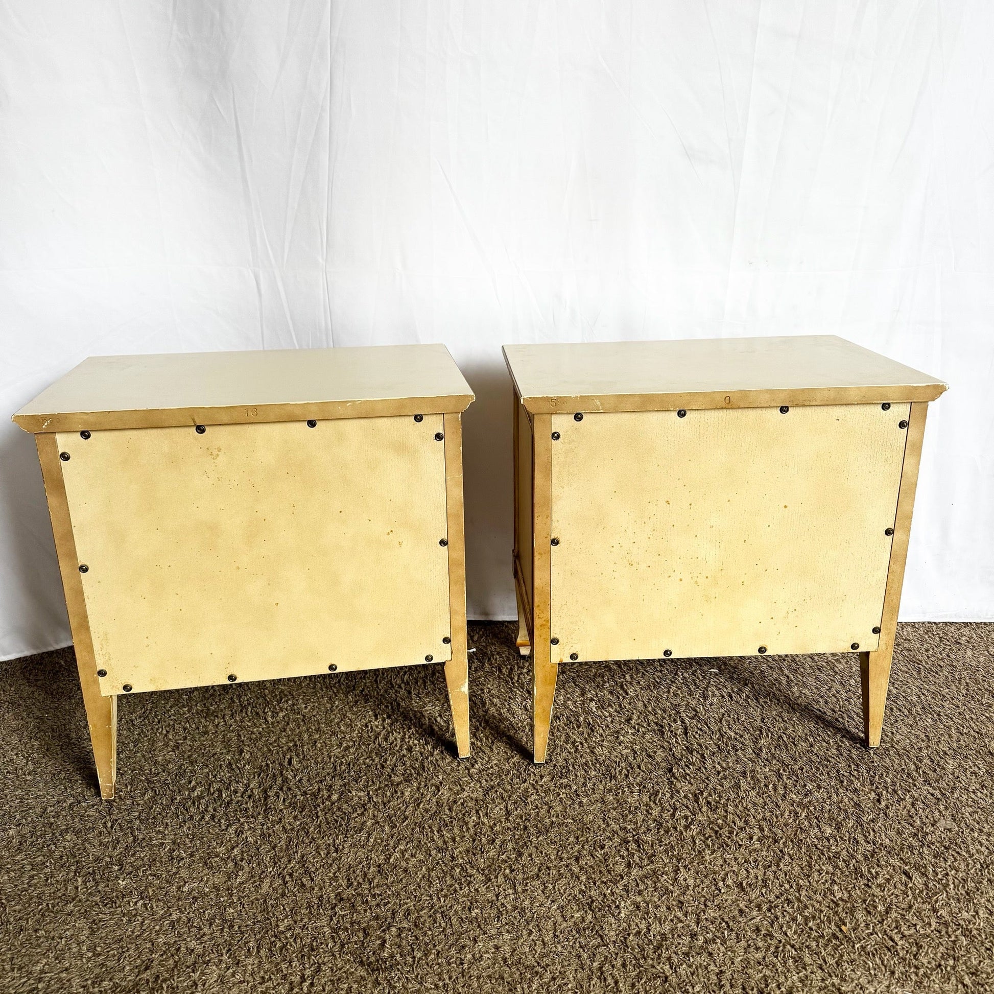 Vintage Mid Century Off White and Gold Nighstands by John Widdicomb - A Pair - Dolphin & Flamingo