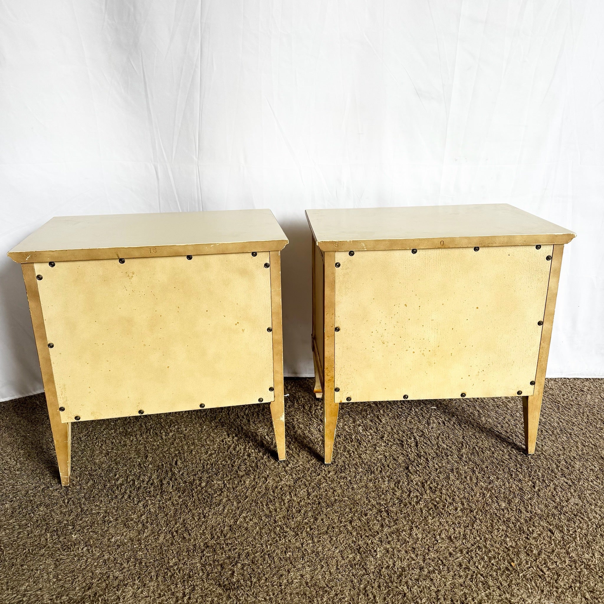 Vintage Mid Century Off White and Gold Nighstands by John Widdicomb - A Pair - Dolphin & Flamingo
