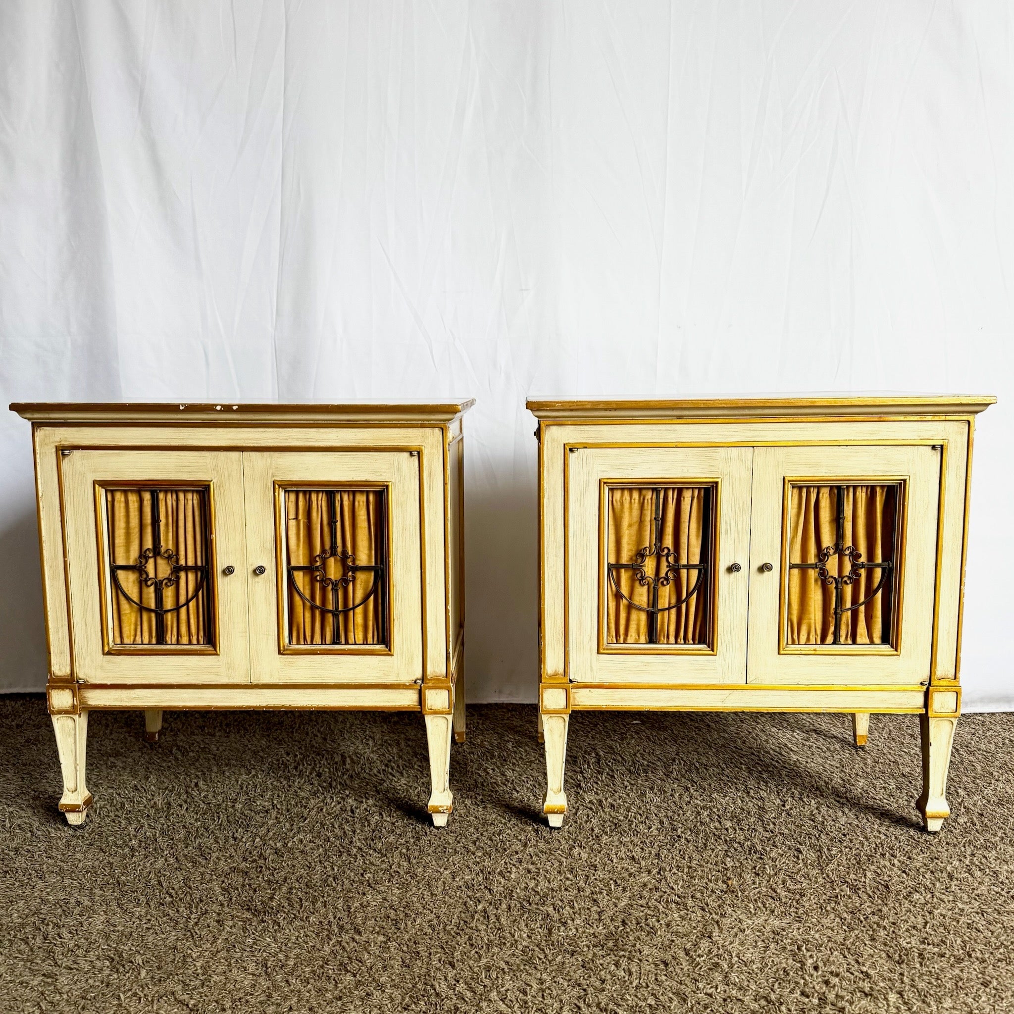Vintage Mid Century Off White and Gold Nighstands by John Widdicomb - A Pair - Dolphin & Flamingo