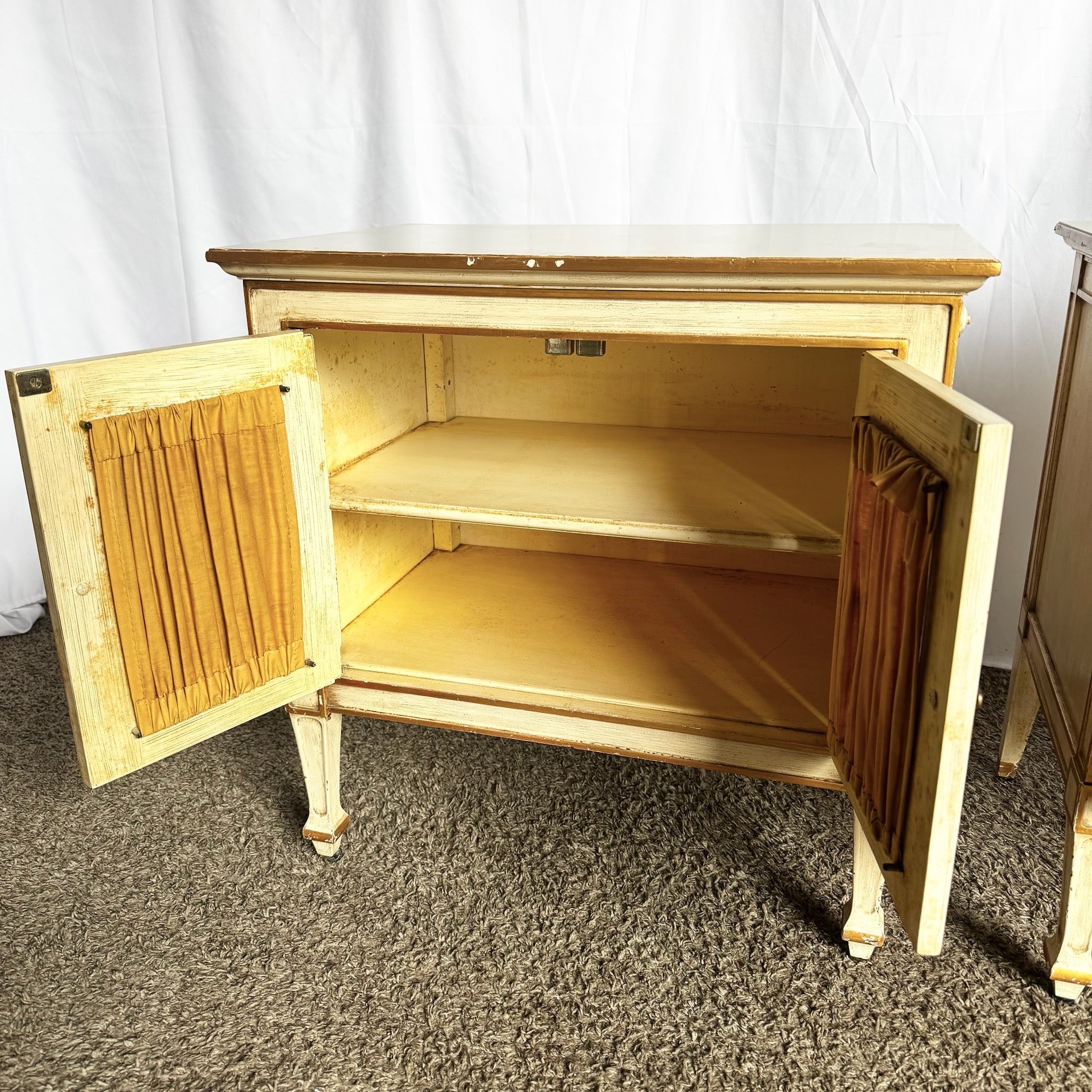 Vintage Mid Century Off White and Gold Nighstands by John Widdicomb - A Pair - Dolphin & Flamingo