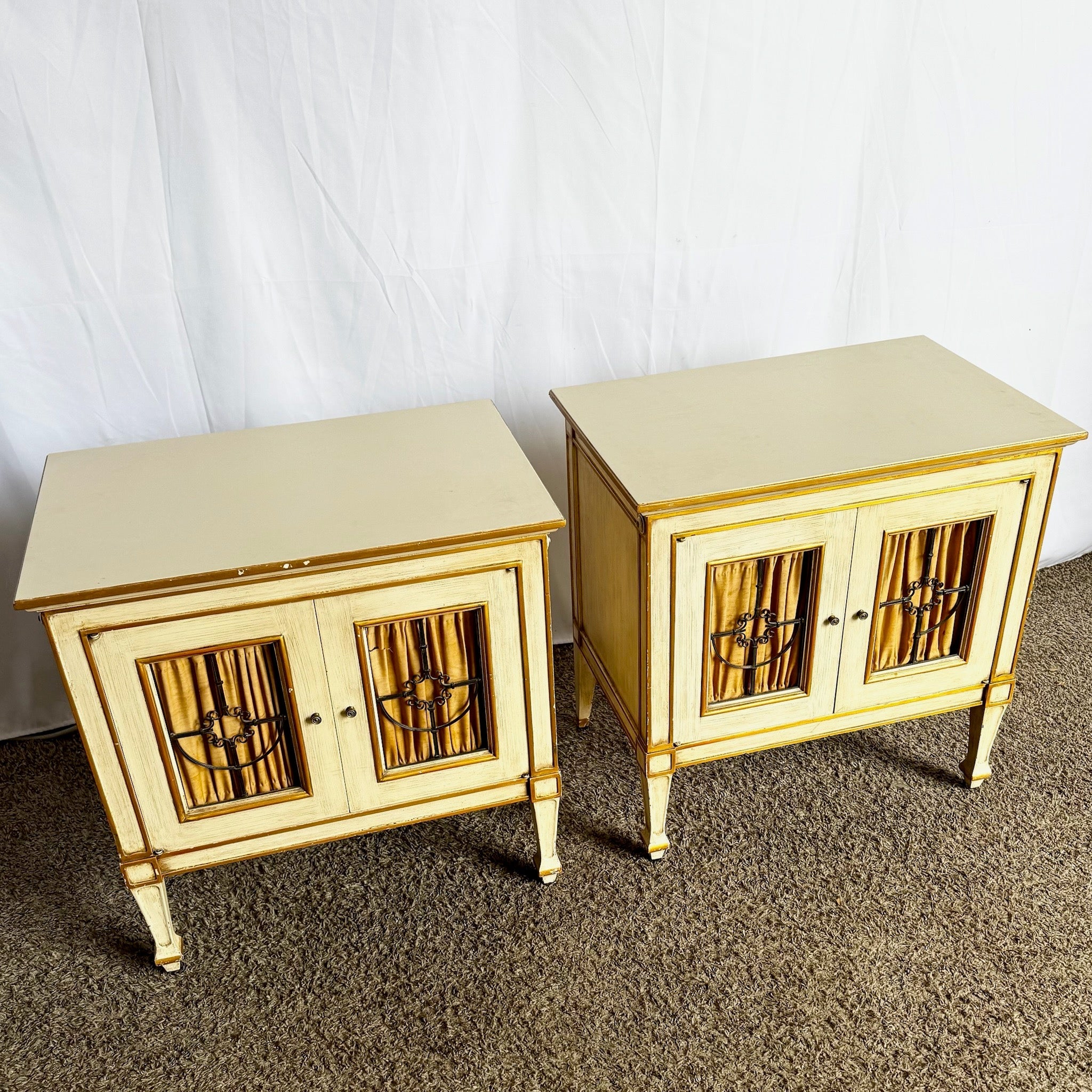 Vintage Mid Century Off White and Gold Nighstands by John Widdicomb - A Pair - Dolphin & Flamingo