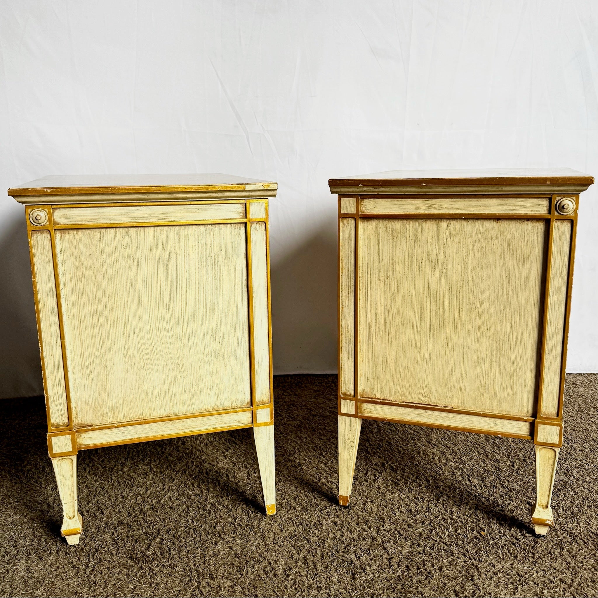Vintage Mid Century Off White and Gold Nighstands by John Widdicomb - A Pair - Dolphin & Flamingo