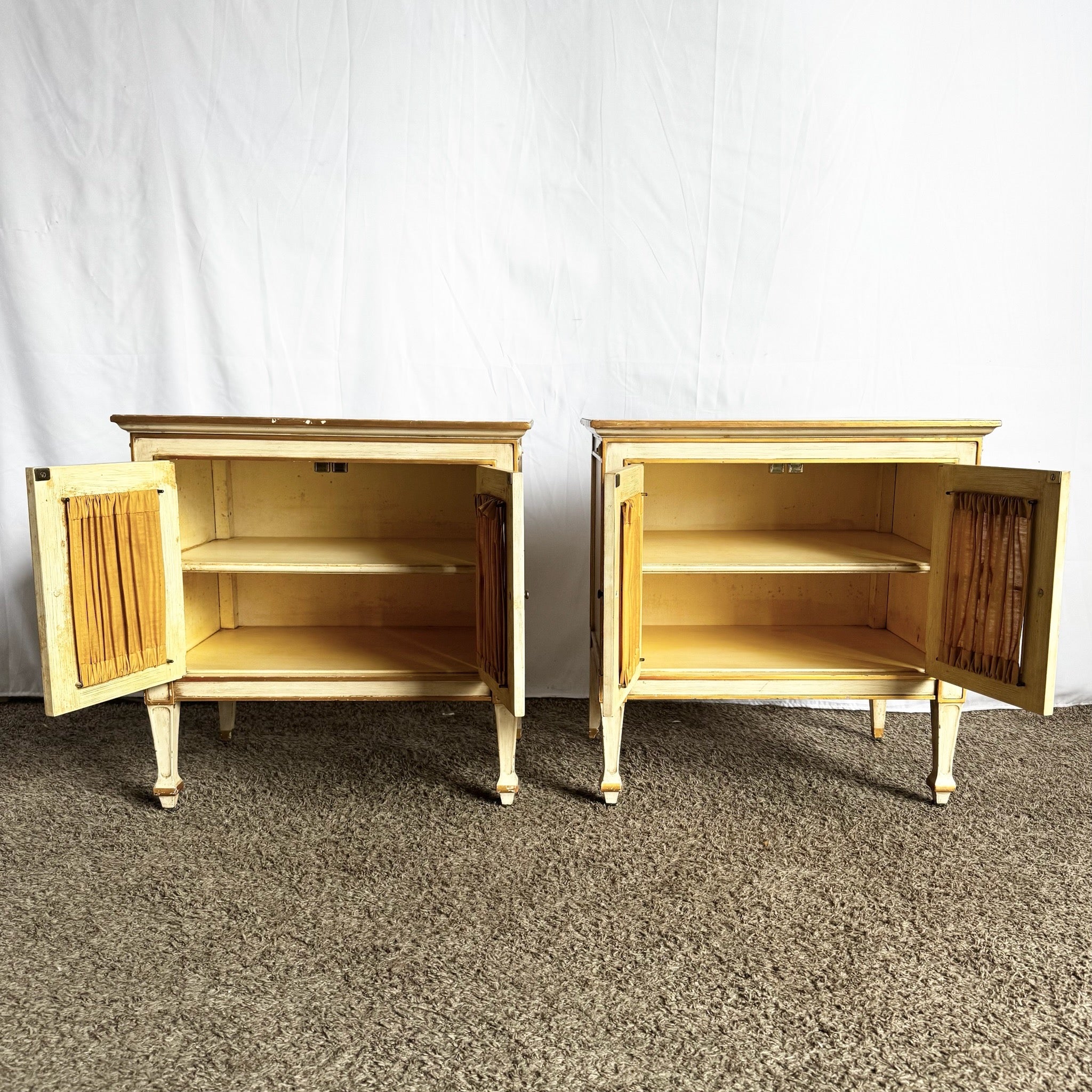 Vintage Mid Century Off White and Gold Nighstands by John Widdicomb - A Pair - Dolphin & Flamingo