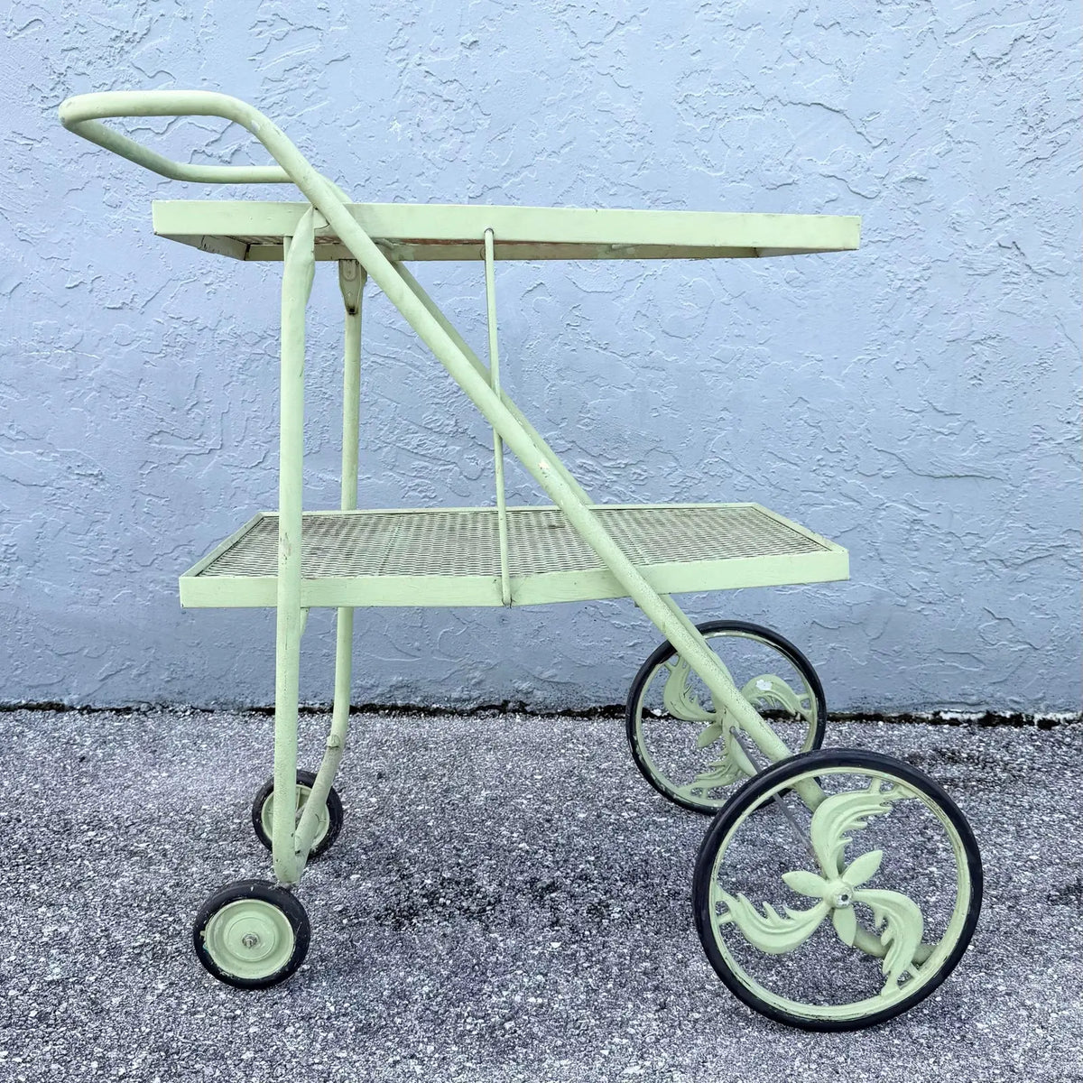 Vintage Mid Century Rolling Foldable Two Tier Bar Cart