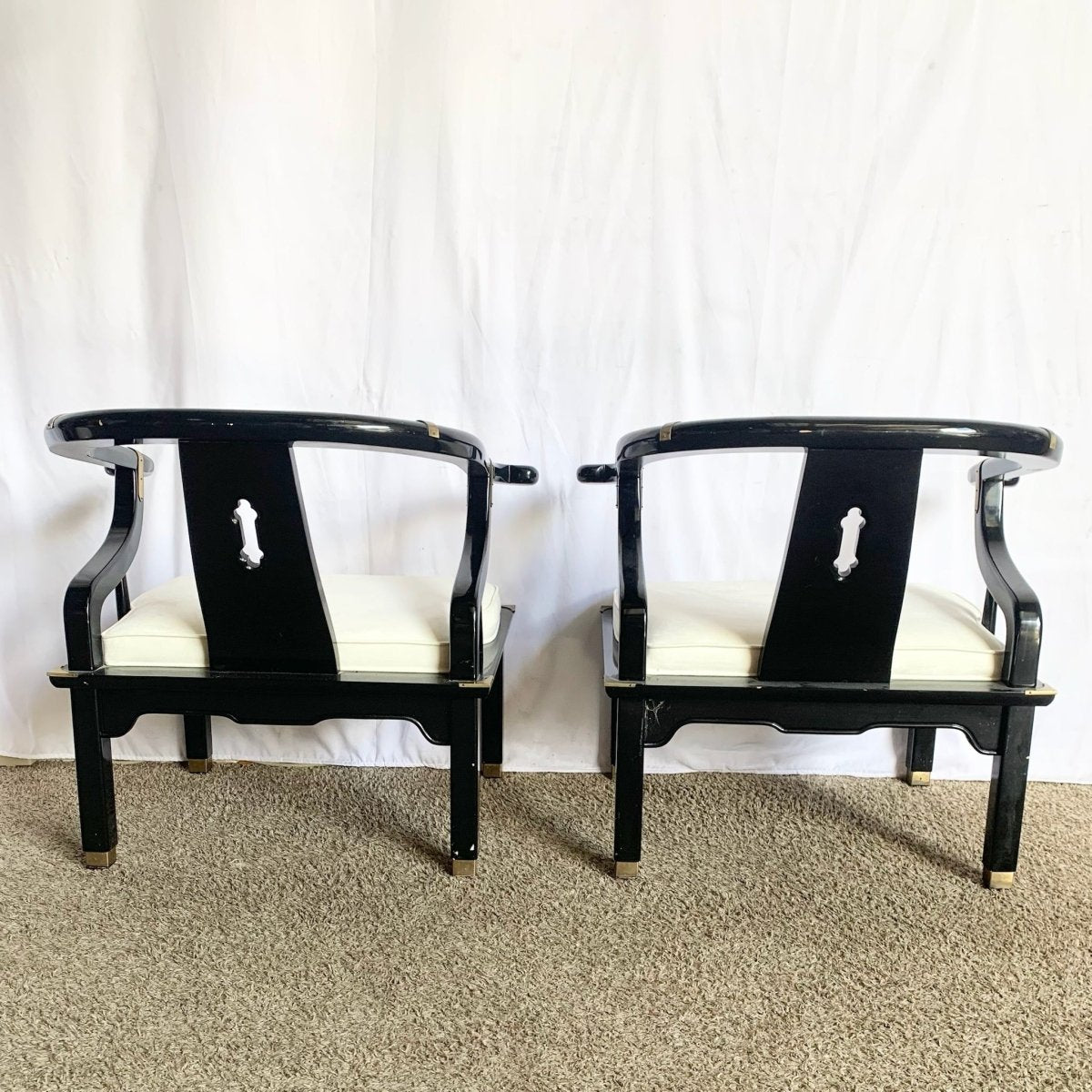 Vintage Ming Style Black Lacquered and Brass Arm Chairs - A Pair - Dolphin & Flamingo