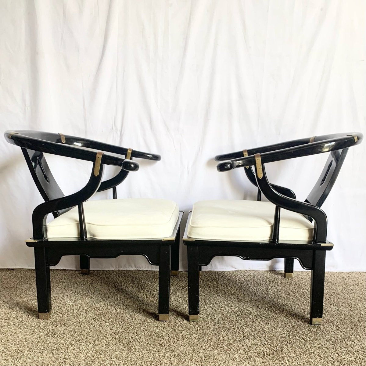 Vintage Ming Style Black Lacquered and Brass Arm Chairs - A Pair - Dolphin & Flamingo