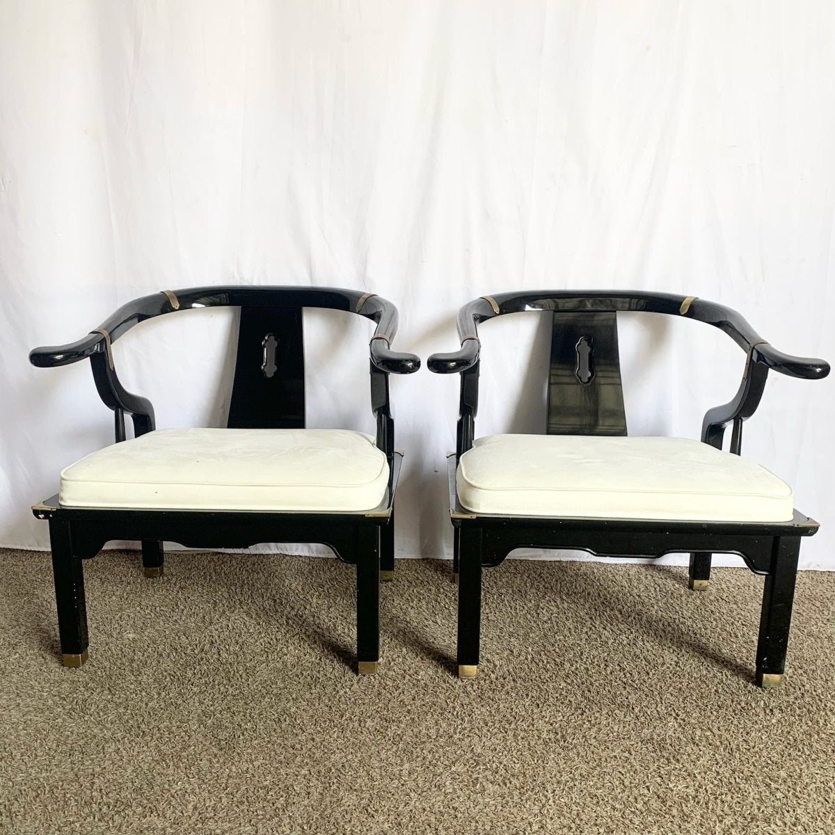 Vintage Ming Style Black Lacquered and Brass Arm Chairs - A Pair - Dolphin & Flamingo