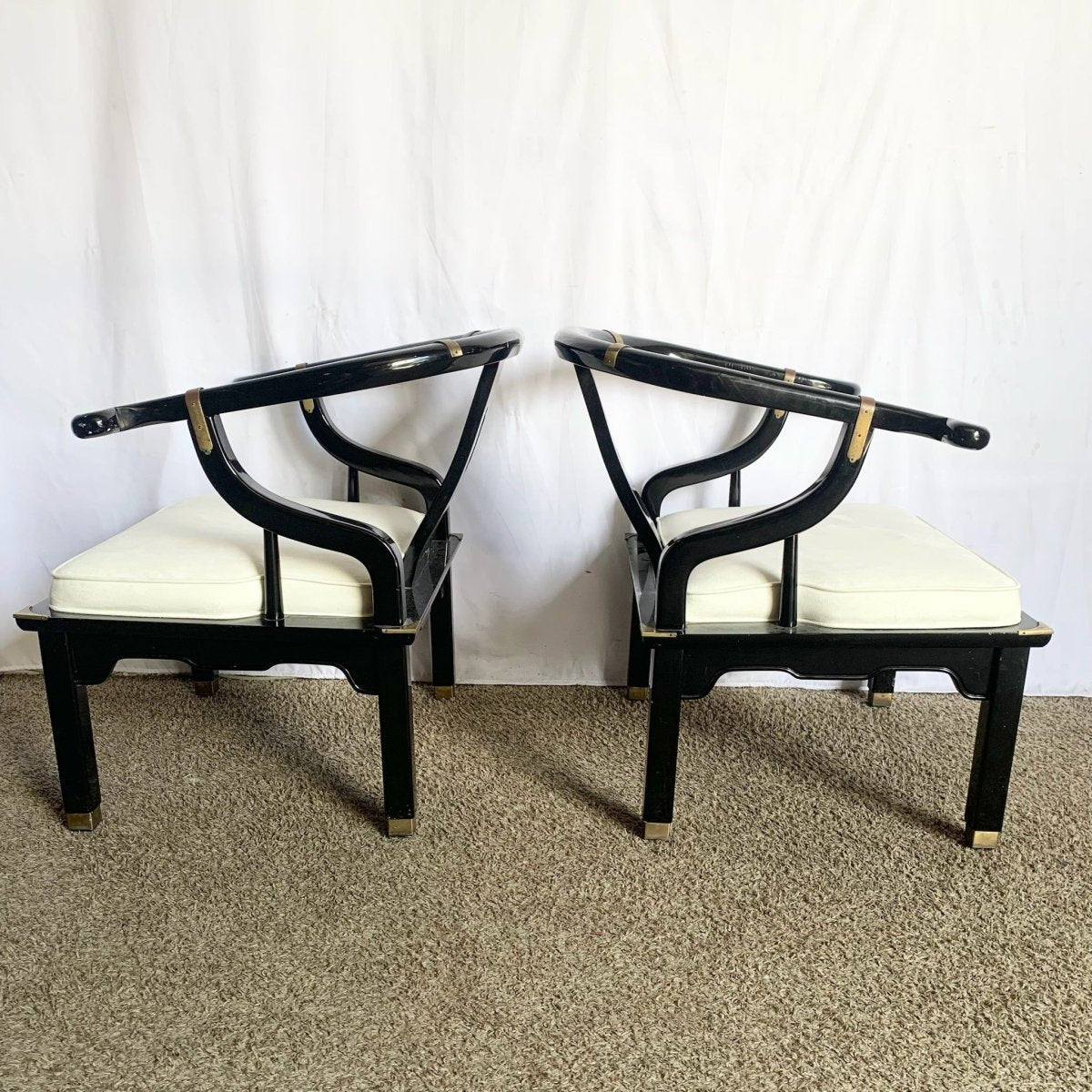 Vintage Ming Style Black Lacquered and Brass Arm Chairs - A Pair - Dolphin & Flamingo