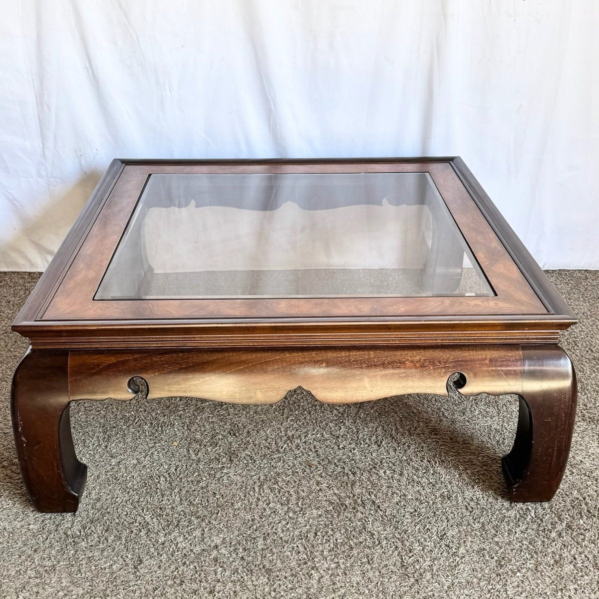 Vintage Ming Style Burl Wood and Smoked Glass Coffee Table by Gordon’s Fine Furniture - Dolphin & Flamingo