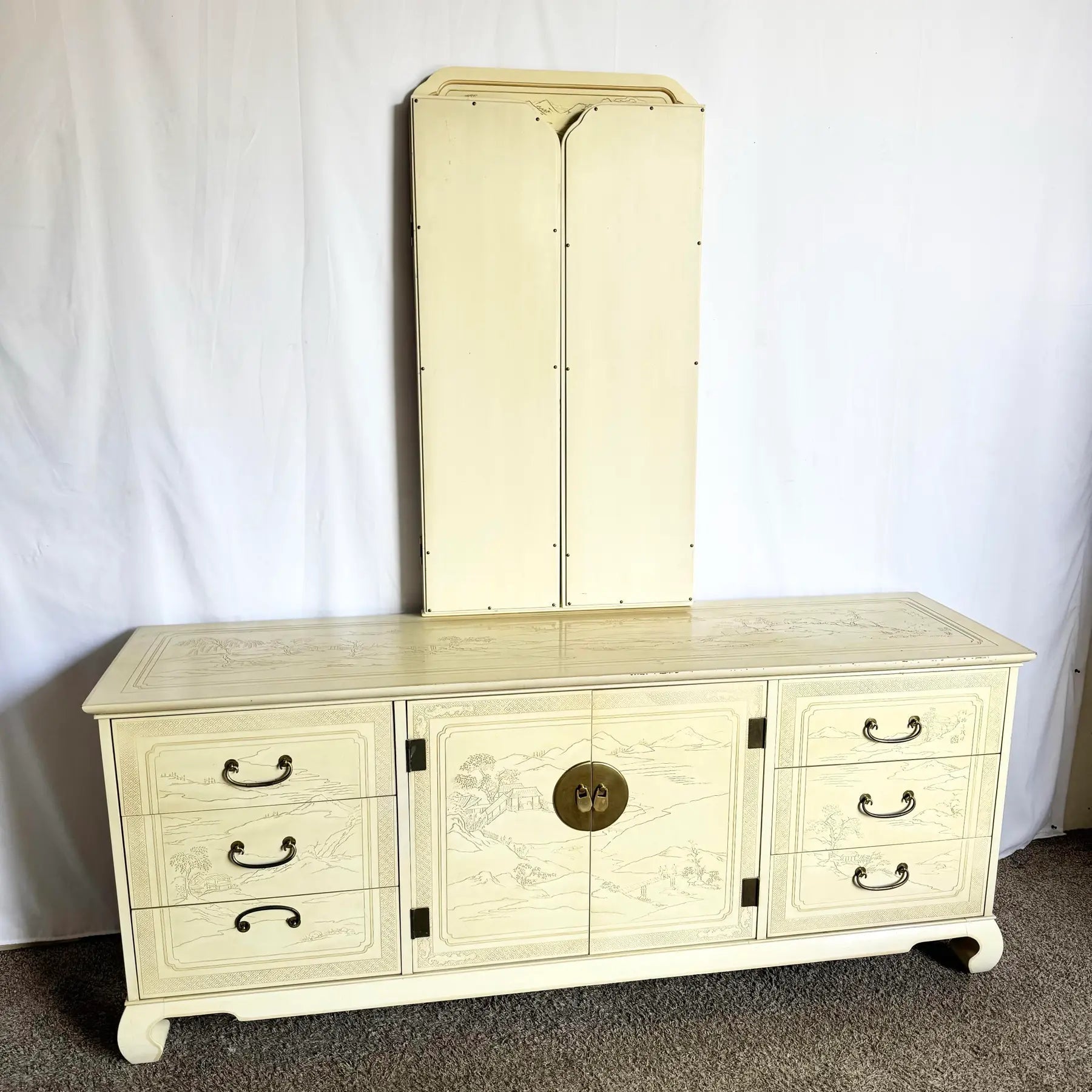 Vintage Ming Style Connoisseur Dresser With Folding Mirror by Drexel Heritage - Dolphin & Flamingo