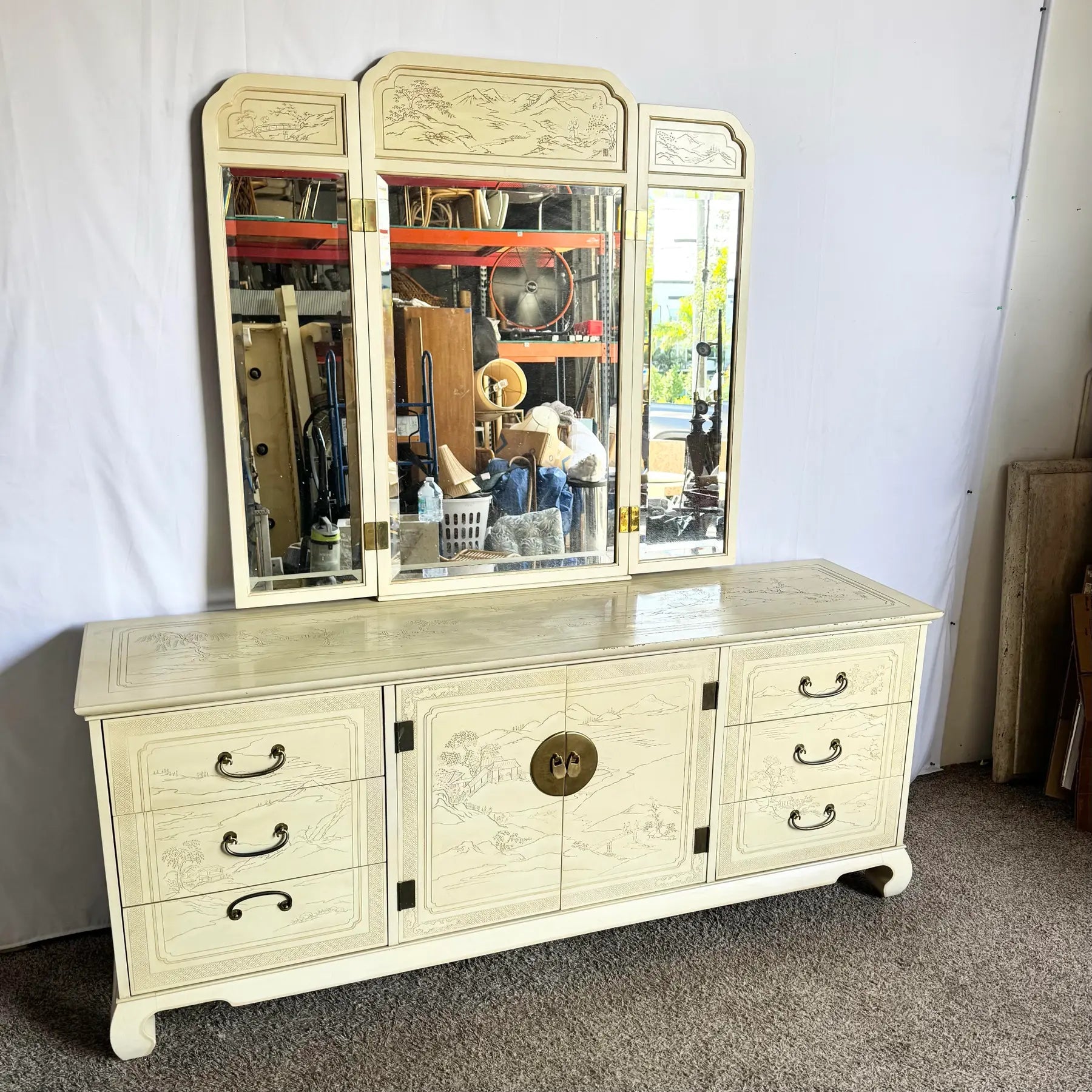 Vintage Ming Style Connoisseur Dresser With Folding Mirror by Drexel Heritage - Dolphin & Flamingo
