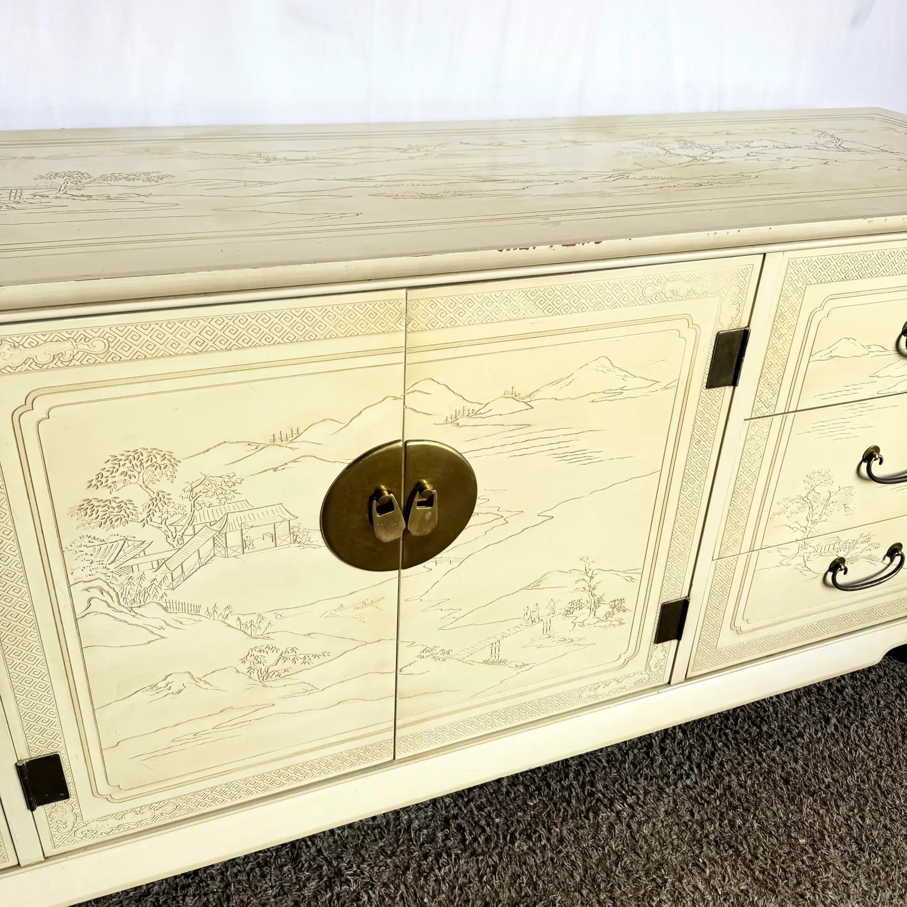Vintage Ming Style Connoisseur Dresser With Folding Mirror by Drexel Heritage - Dolphin & Flamingo