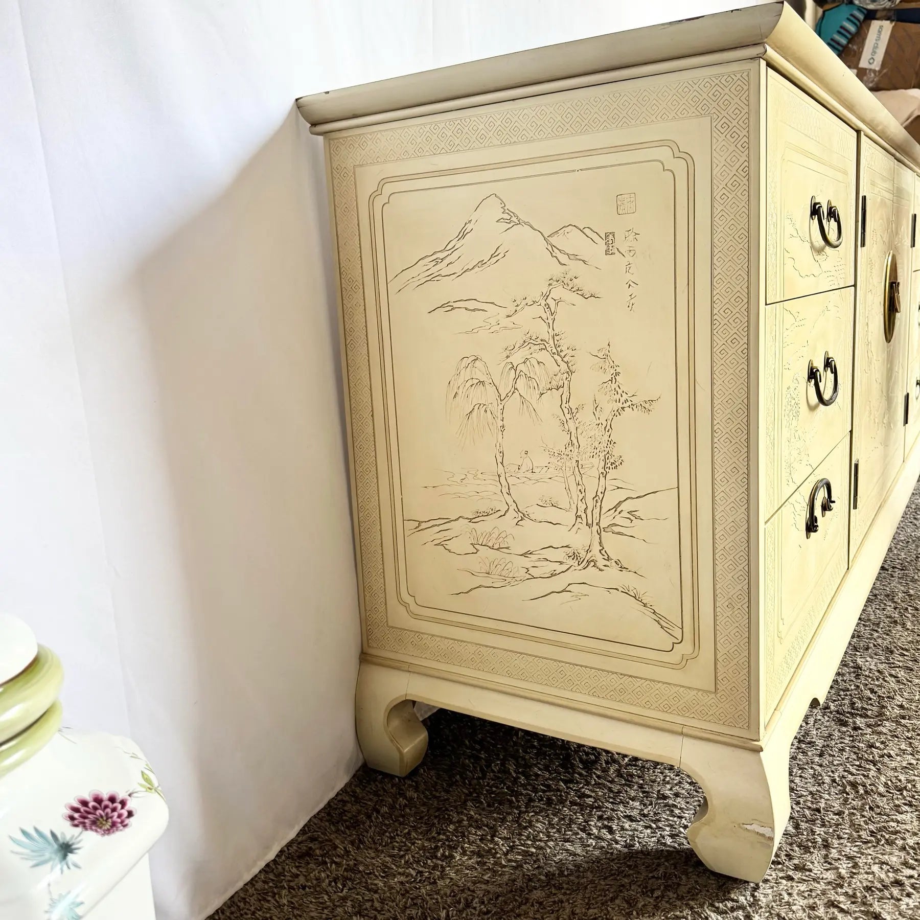 Vintage Ming Style Connoisseur Dresser With Folding Mirror by Drexel Heritage - Dolphin & Flamingo